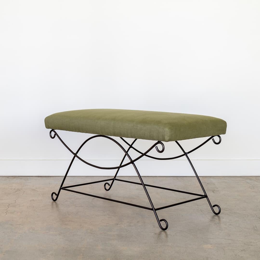 Contemporary Panoplie Iron Loop Bench, Green Linen For Sale