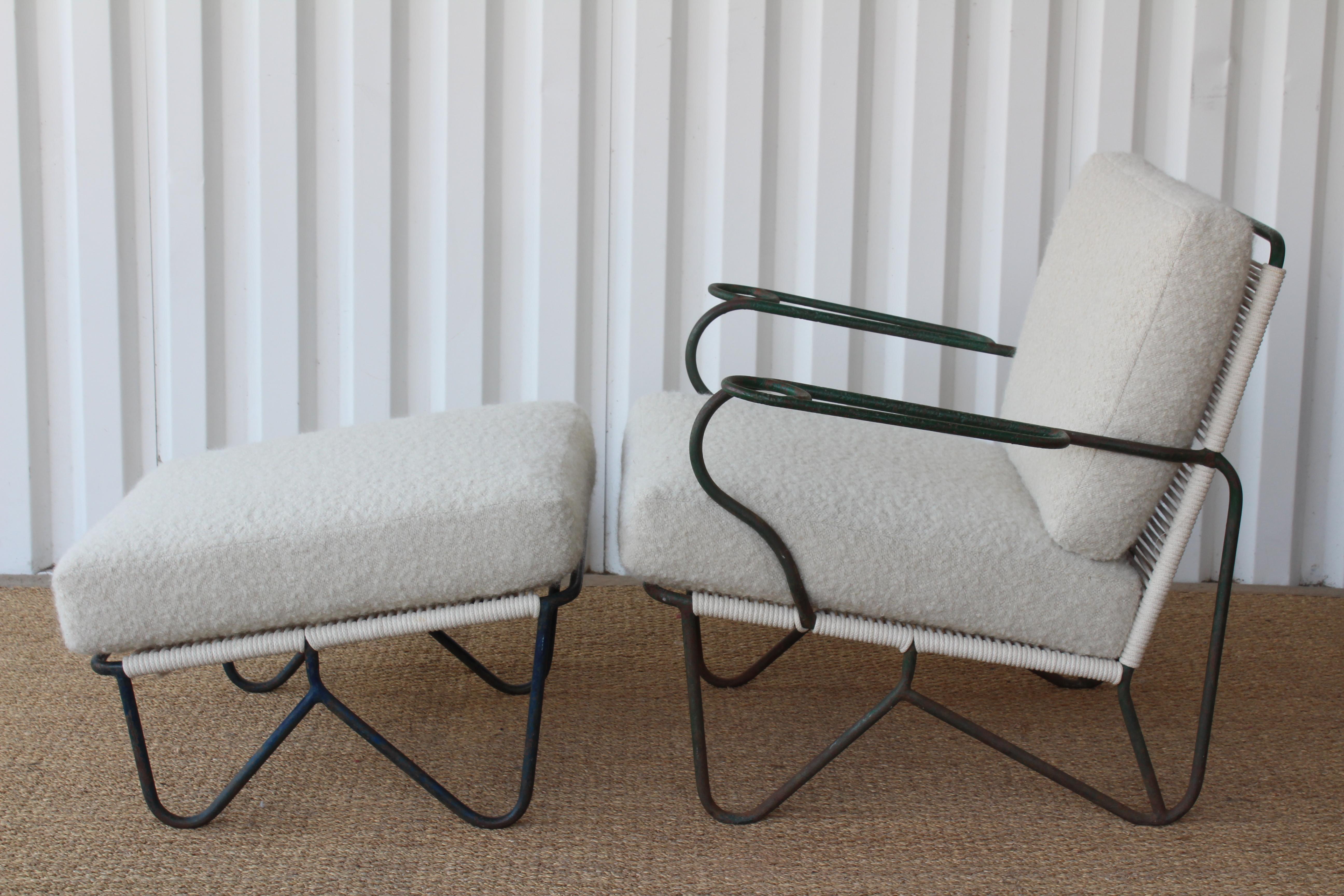 Vintage 1950s iron framed lounge chair and ottoman, in the manner of Walter Lamb. Comepletely restored with new woven rope on both pieces. New alpaca wool boucle cushions. The chair is in it's orignal green enamel finish. The ottoman is in it's