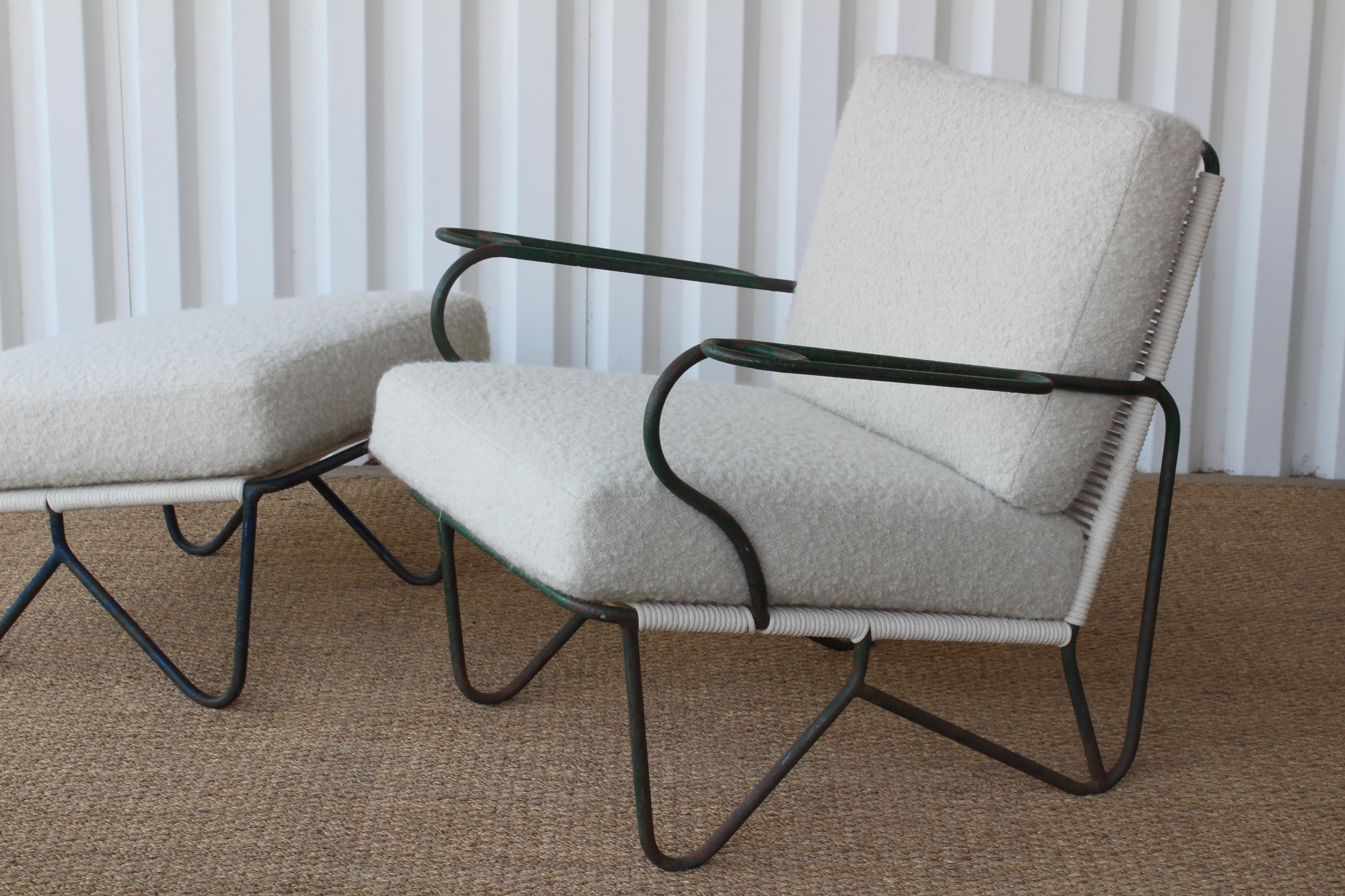 American Iron Lounge Chair and Ottoman in Alpaca Boucle Upholstery, U.S.A, 1950s. 