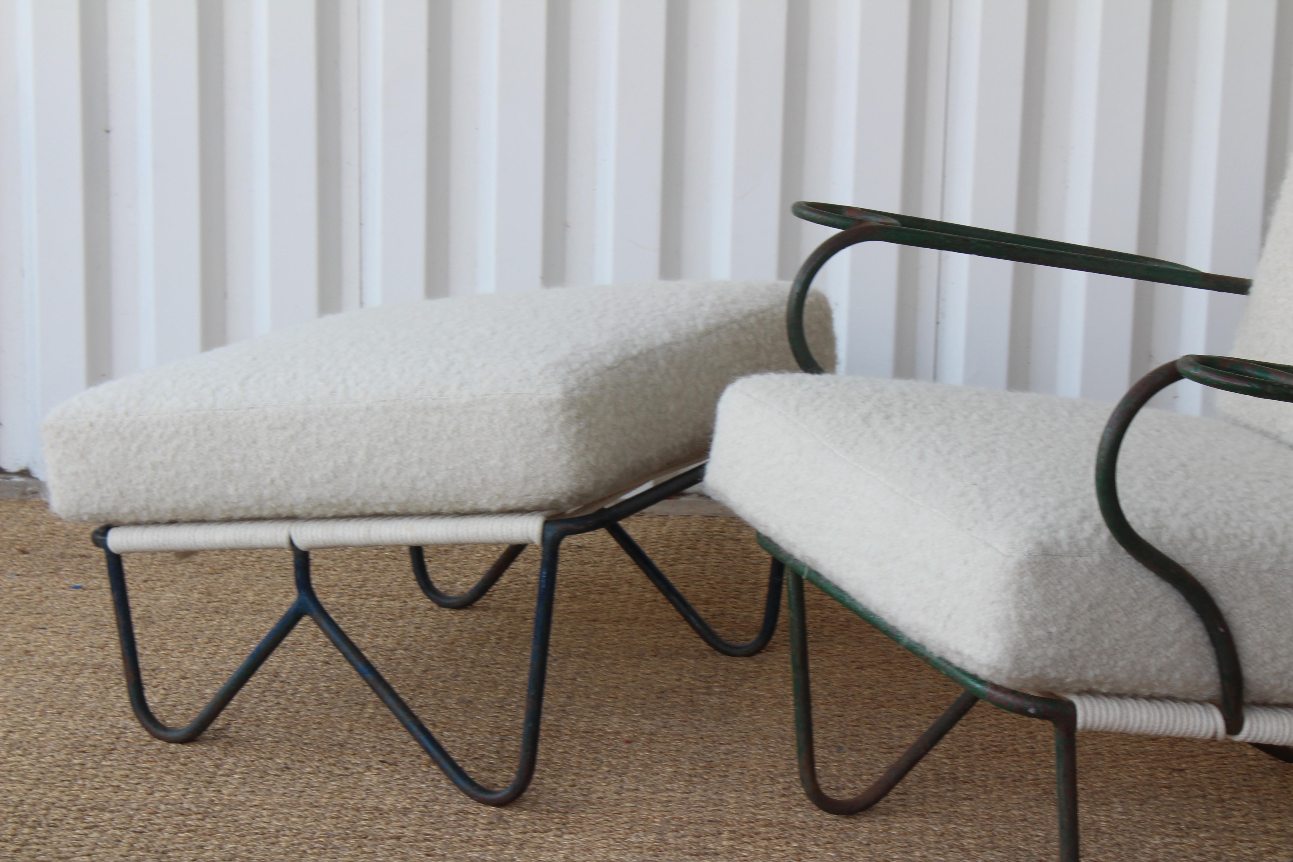Enameled Iron Lounge Chair and Ottoman in Alpaca Boucle Upholstery, U.S.A, 1950s. 