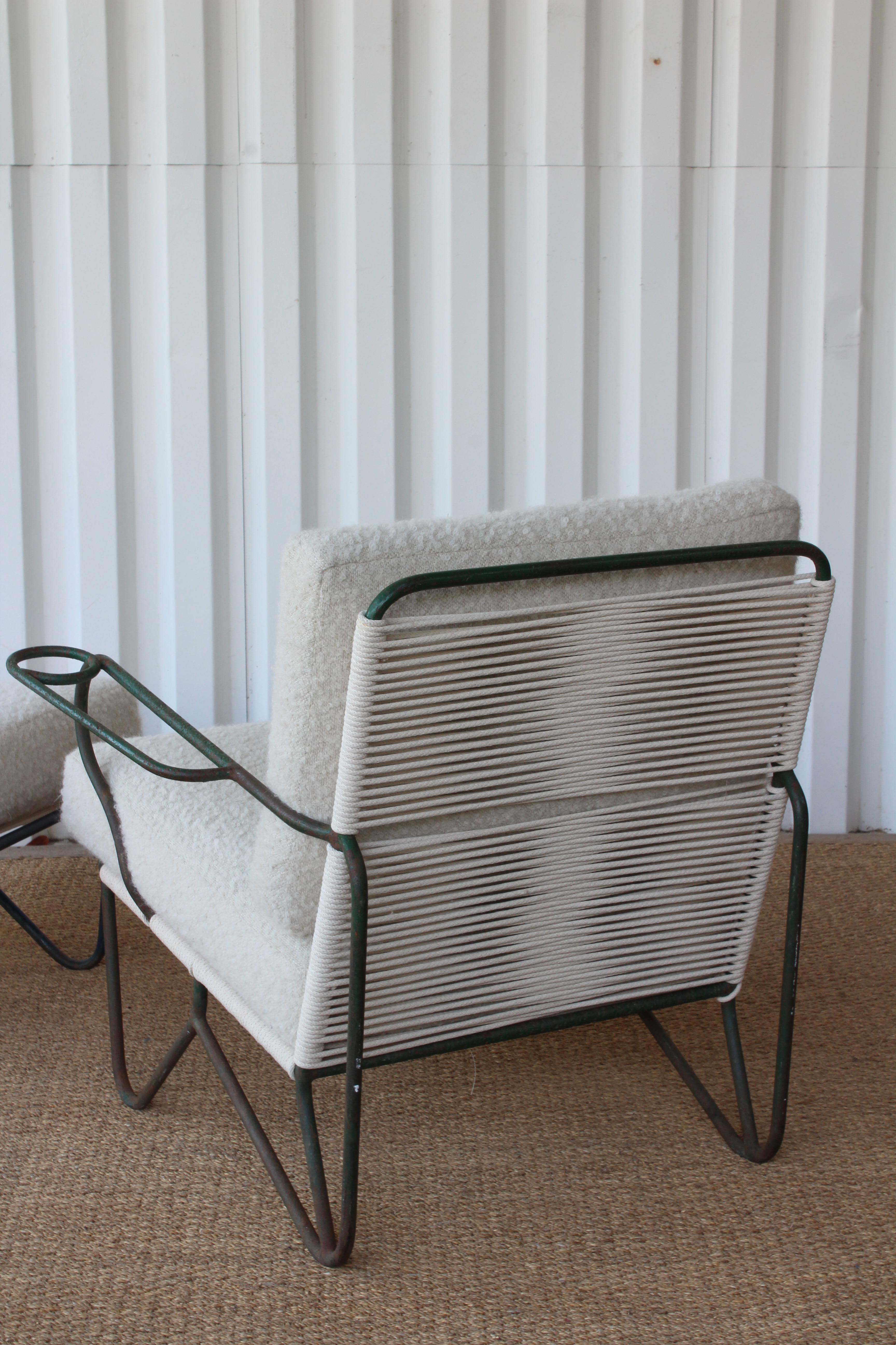 Iron Lounge Chair and Ottoman in Alpaca Boucle Upholstery, U.S.A, 1950s.  In Good Condition In Los Angeles, CA