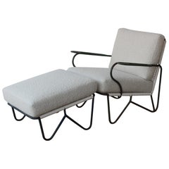 Iron Lounge Chair and Ottoman in Alpaca Boucle Upholstery, U.S.A, 1950s. 