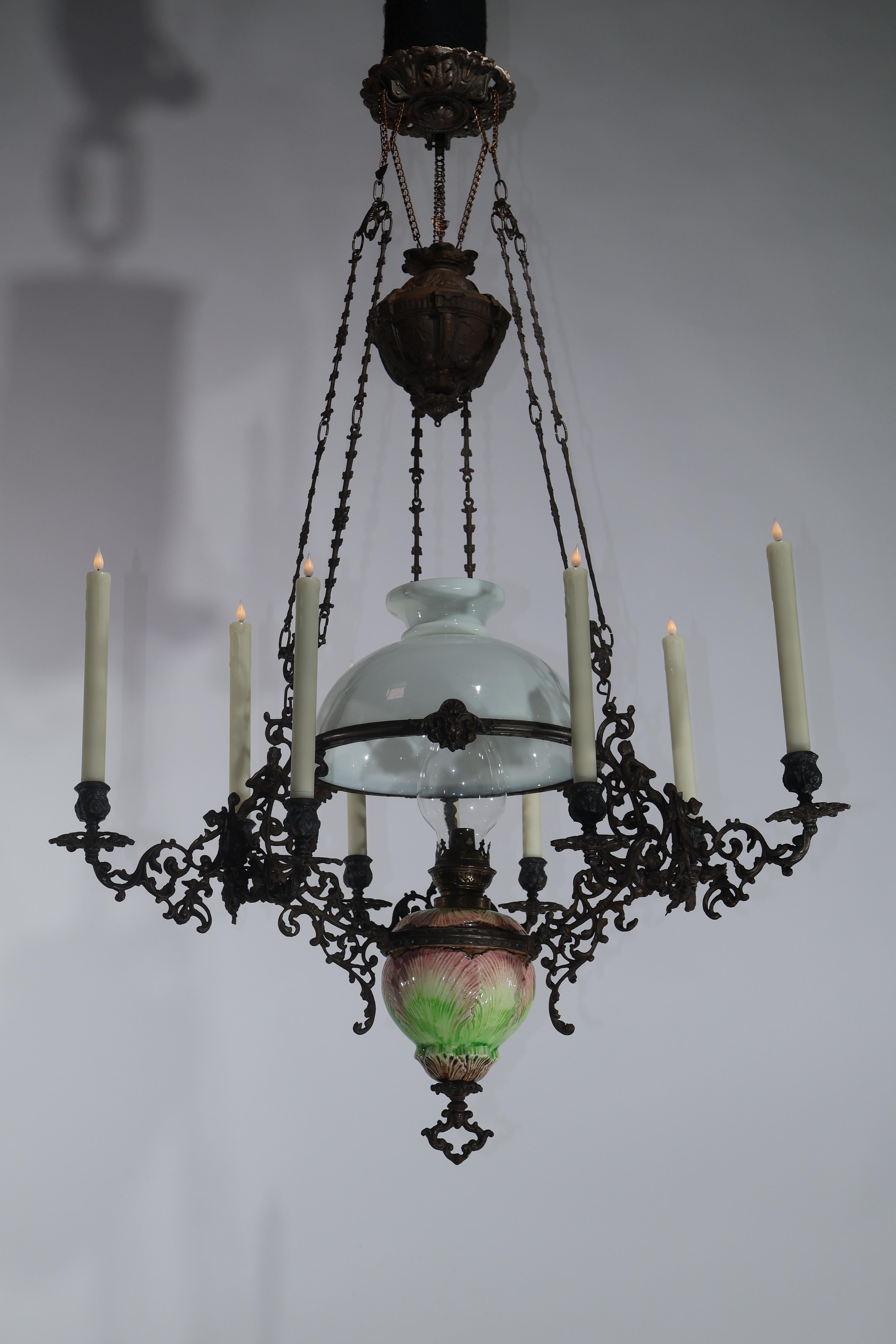 Iron, Majolica & Glass Chandelier for oil and candles For Sale 4