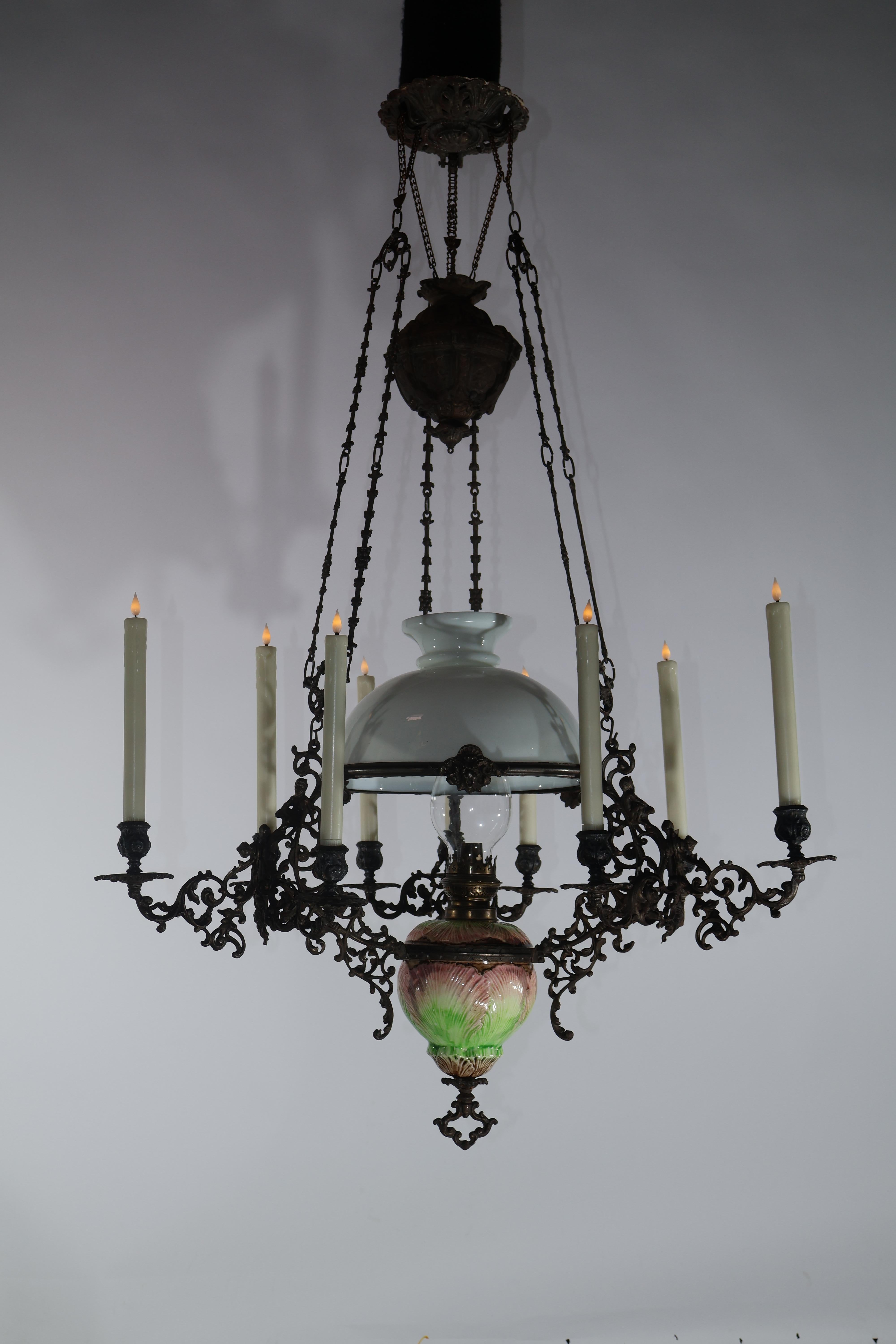 Iron, Majolica & Glass Chandelier for oil and candles For Sale 5