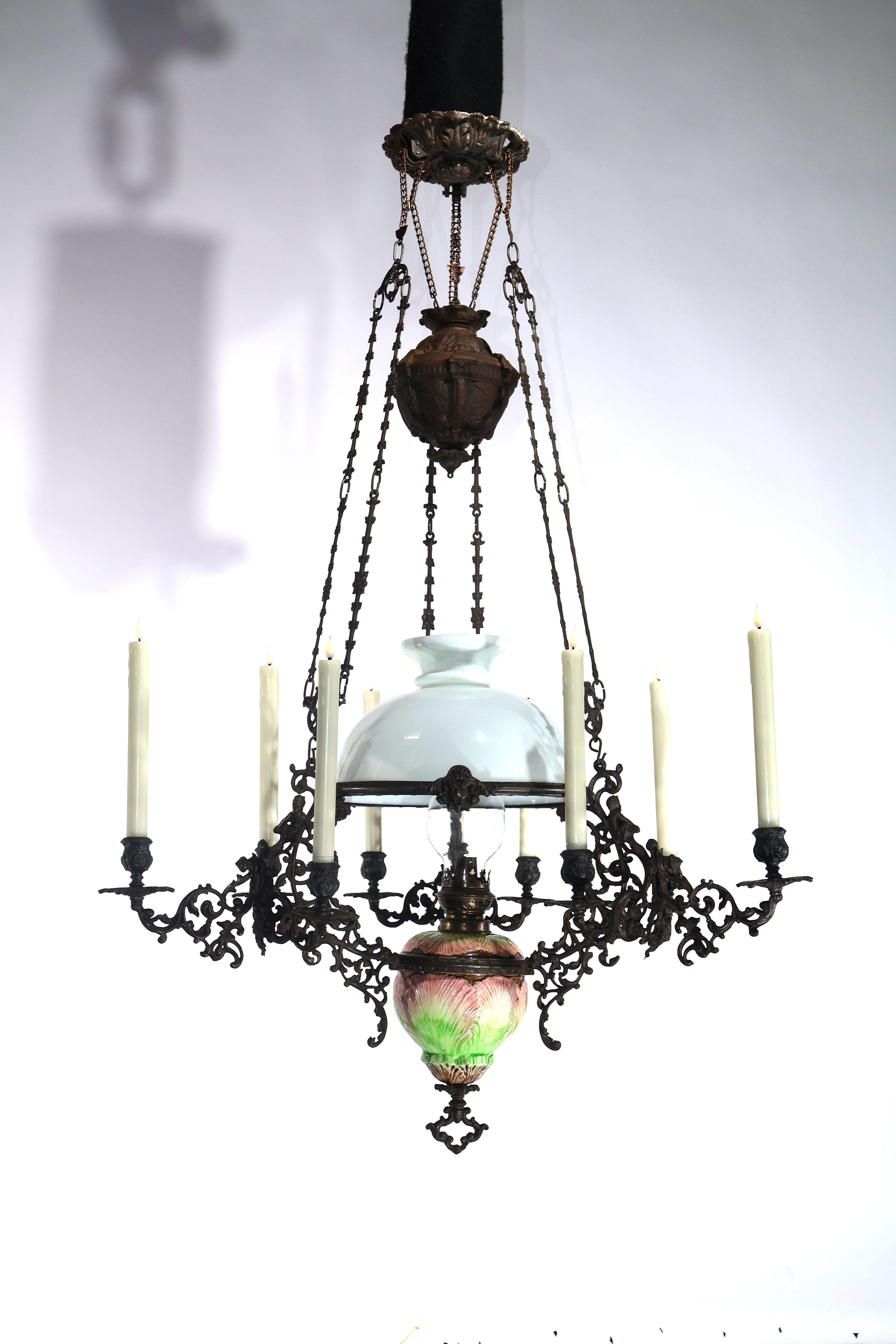 Neoclassical Iron, Majolica & Glass Chandelier for oil and candles For Sale