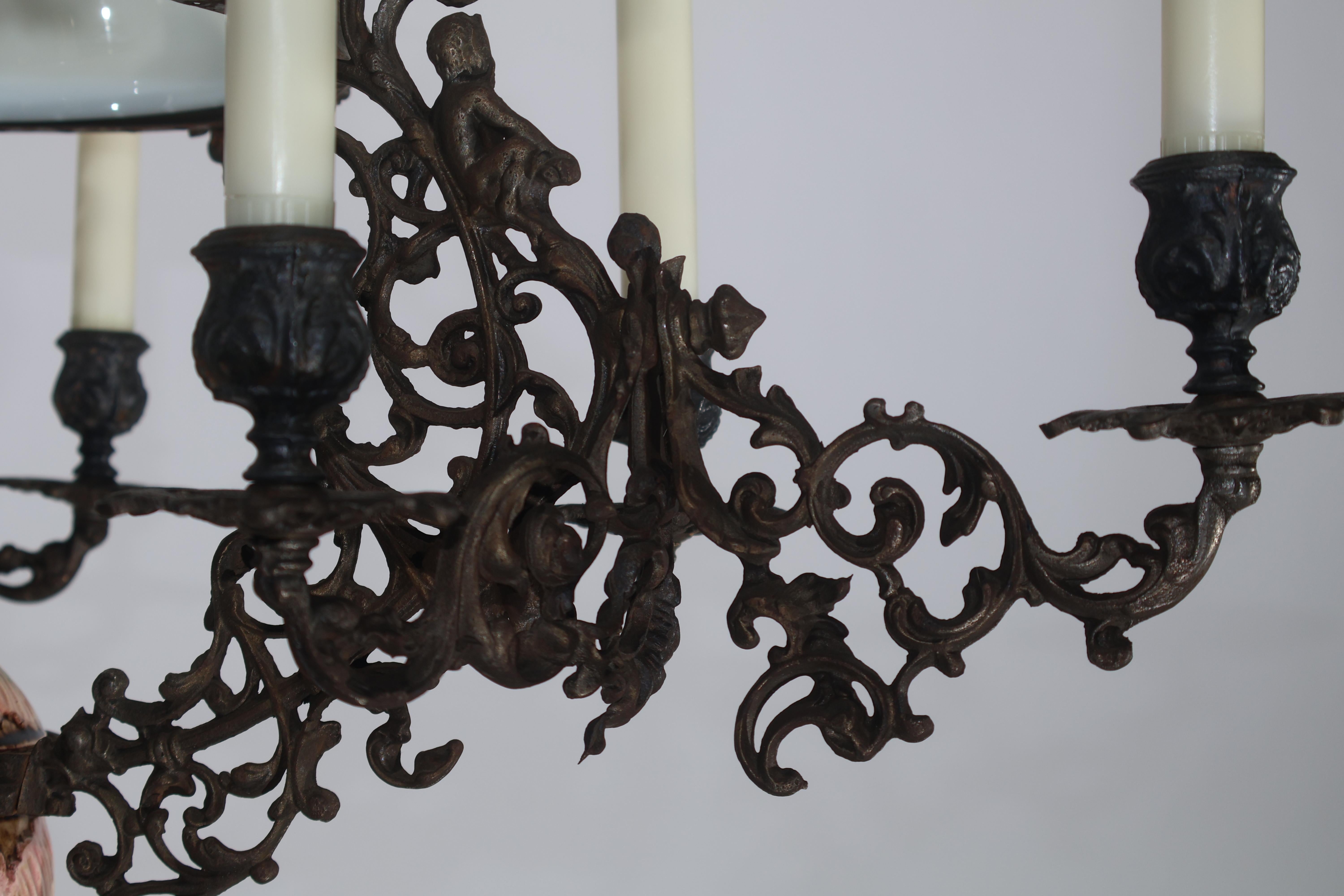Iron, Majolica & Glass Chandelier for oil and candles In Good Condition For Sale In Atlanta, GA