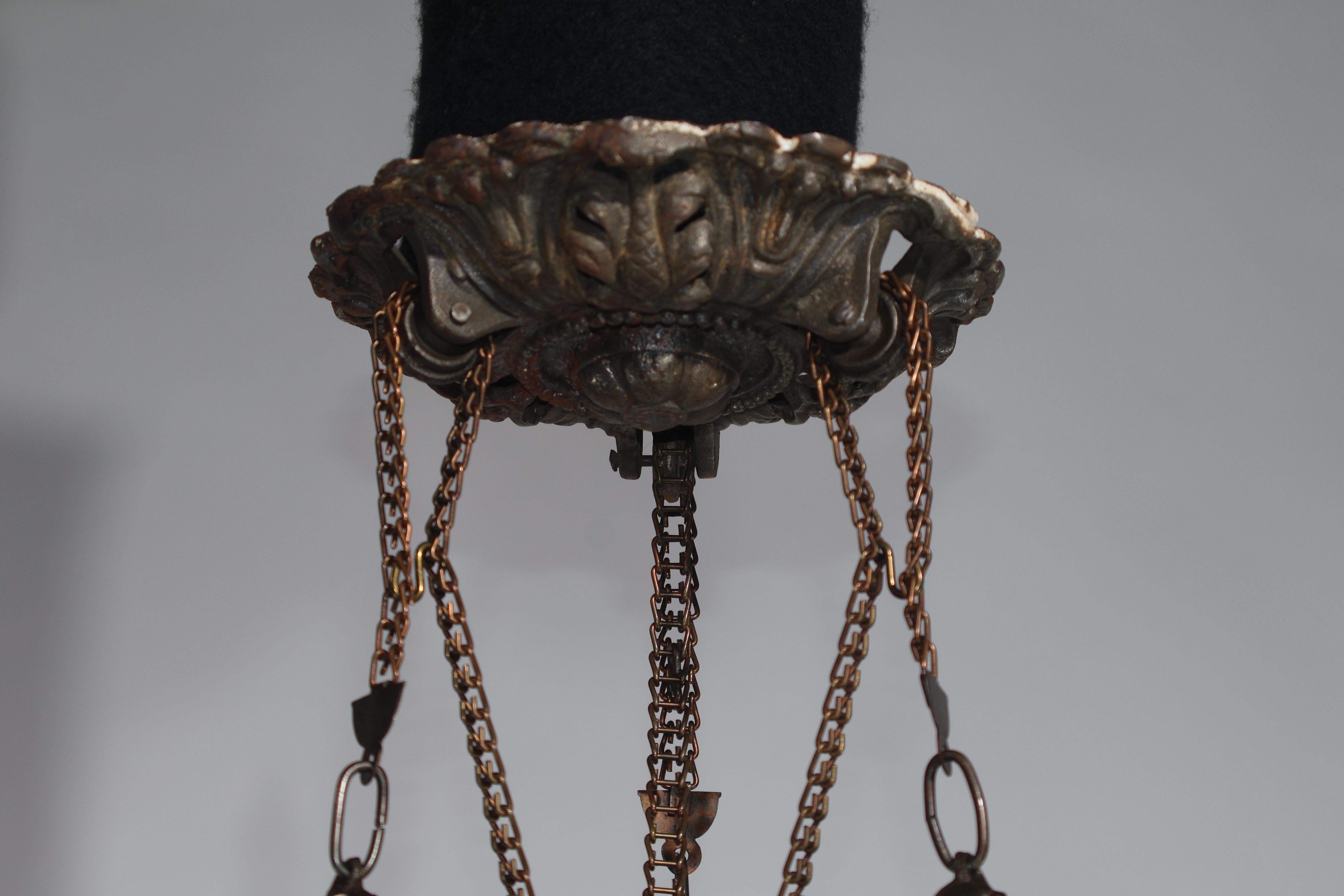 Late 19th Century Iron, Majolica & Glass Chandelier for oil and candles For Sale