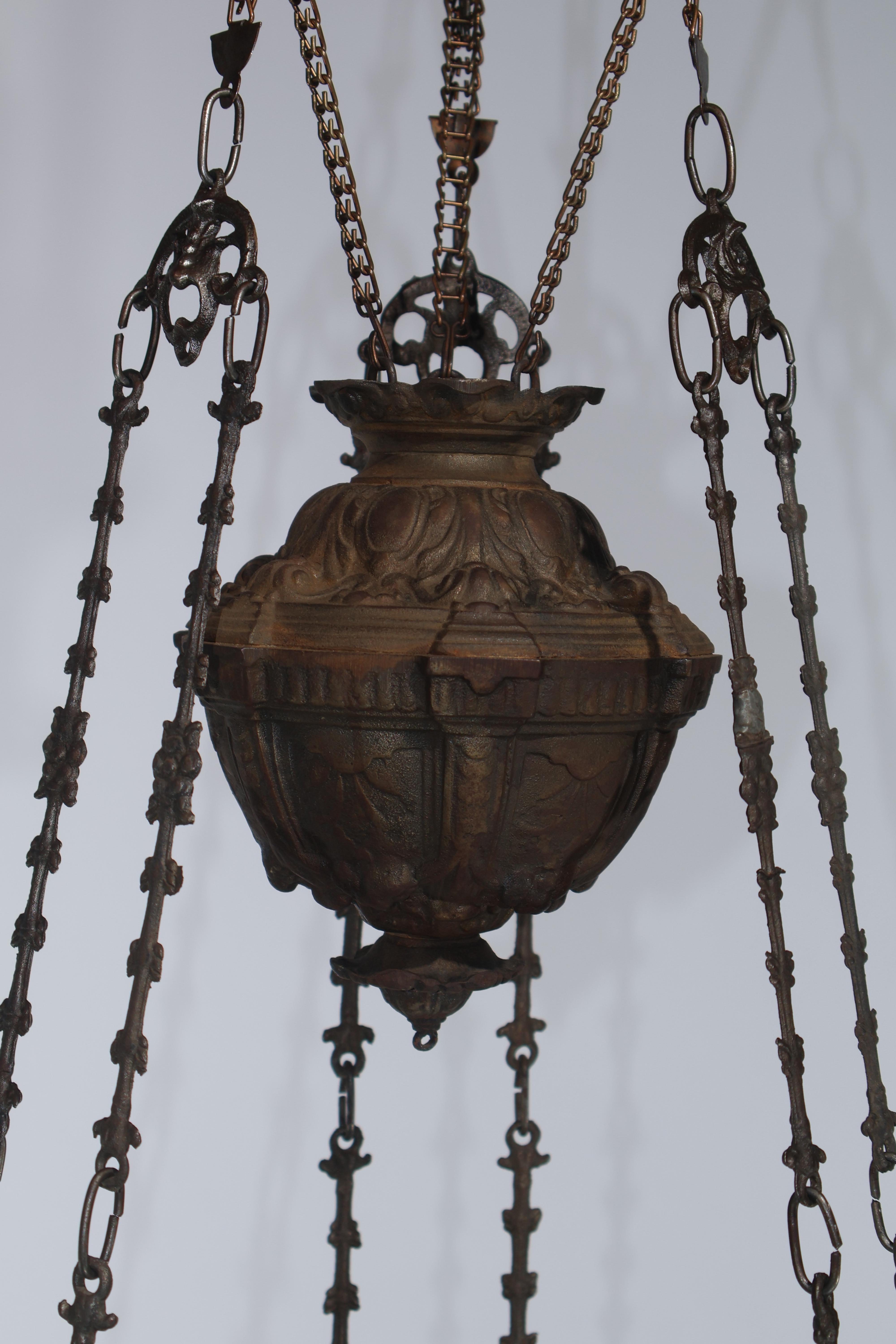 Iron, Majolica & Glass Chandelier for oil and candles For Sale 1