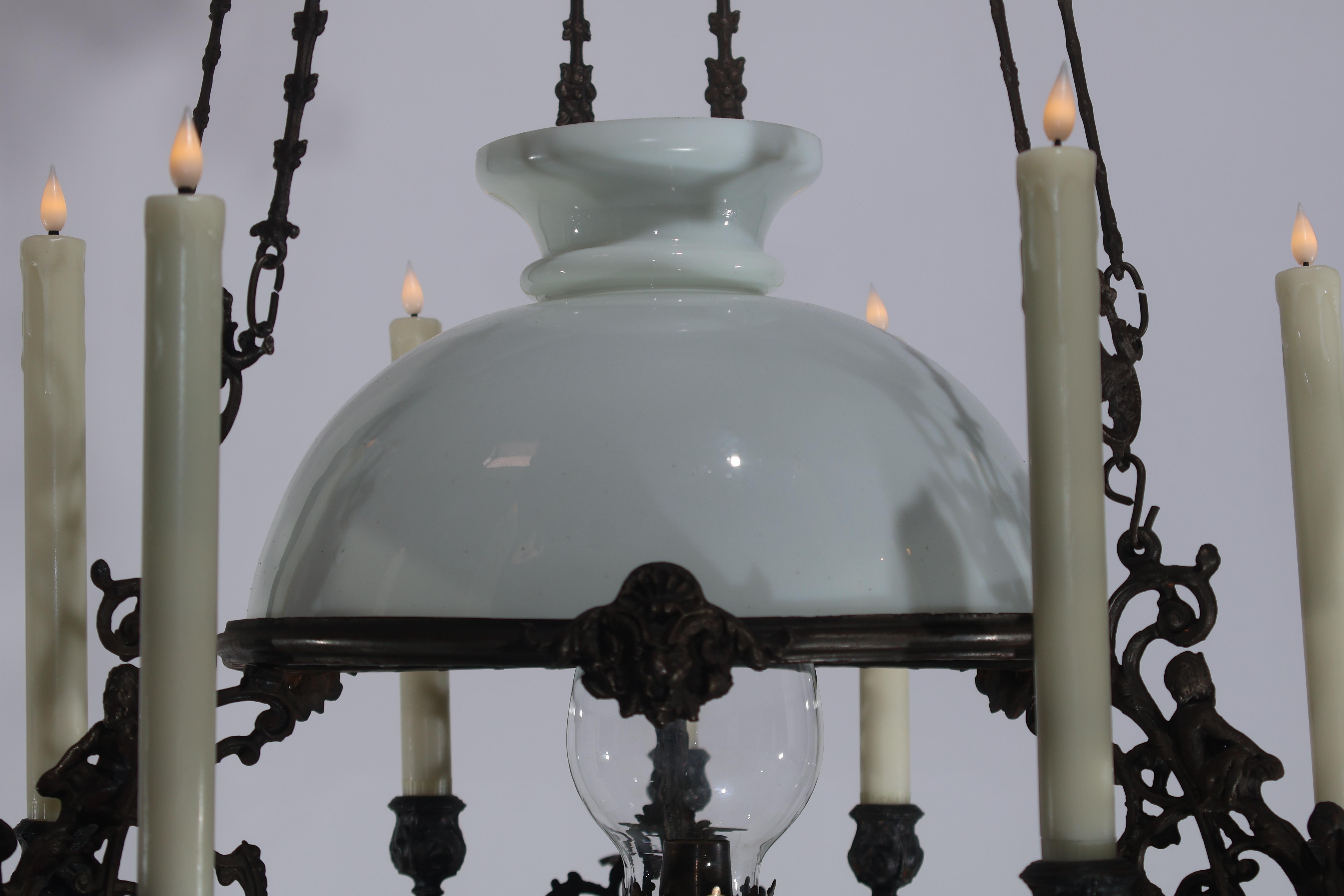 Iron, Majolica & Glass Chandelier for oil and candles For Sale 2