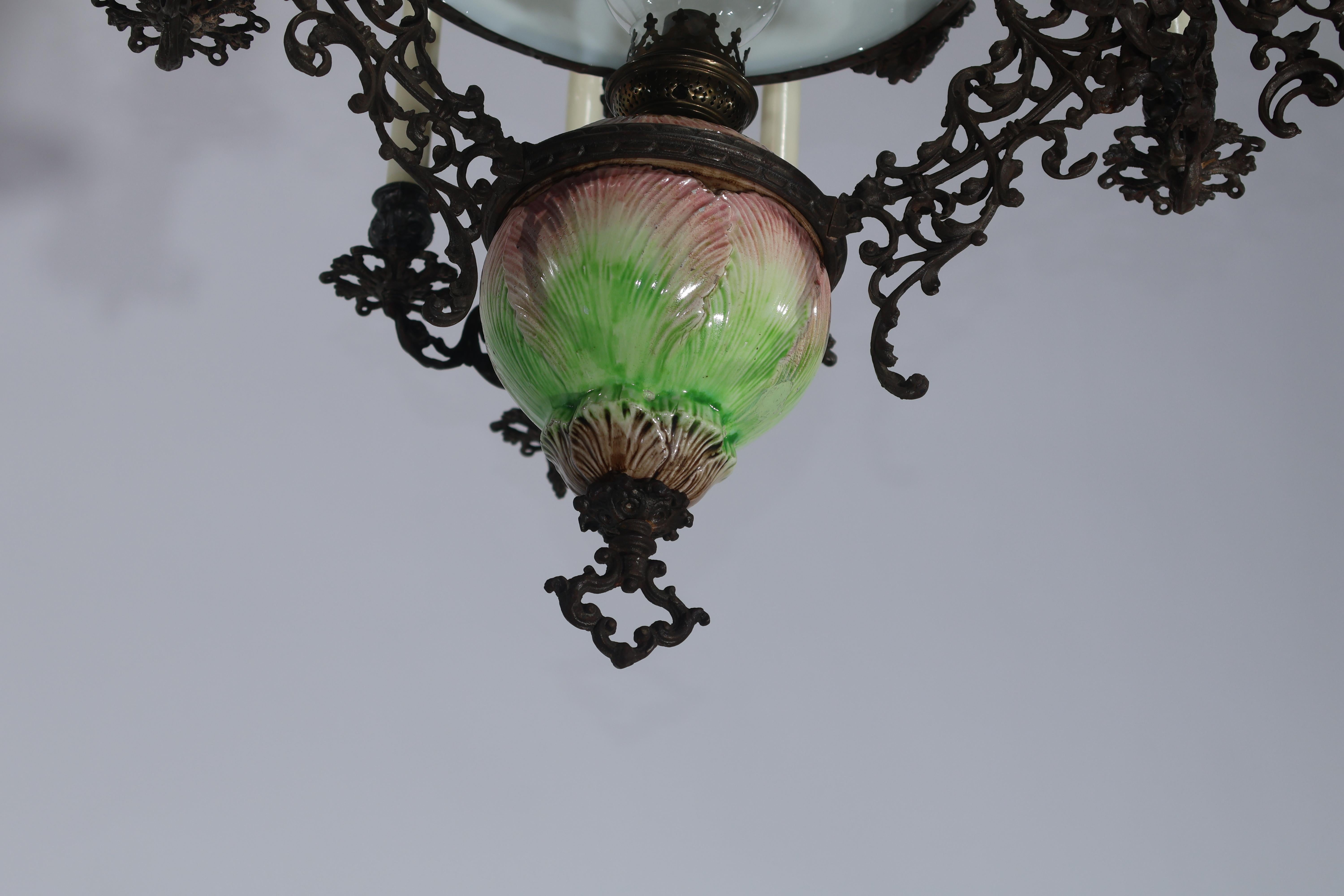 Iron, Majolica & Glass Chandelier for oil and candles For Sale 3