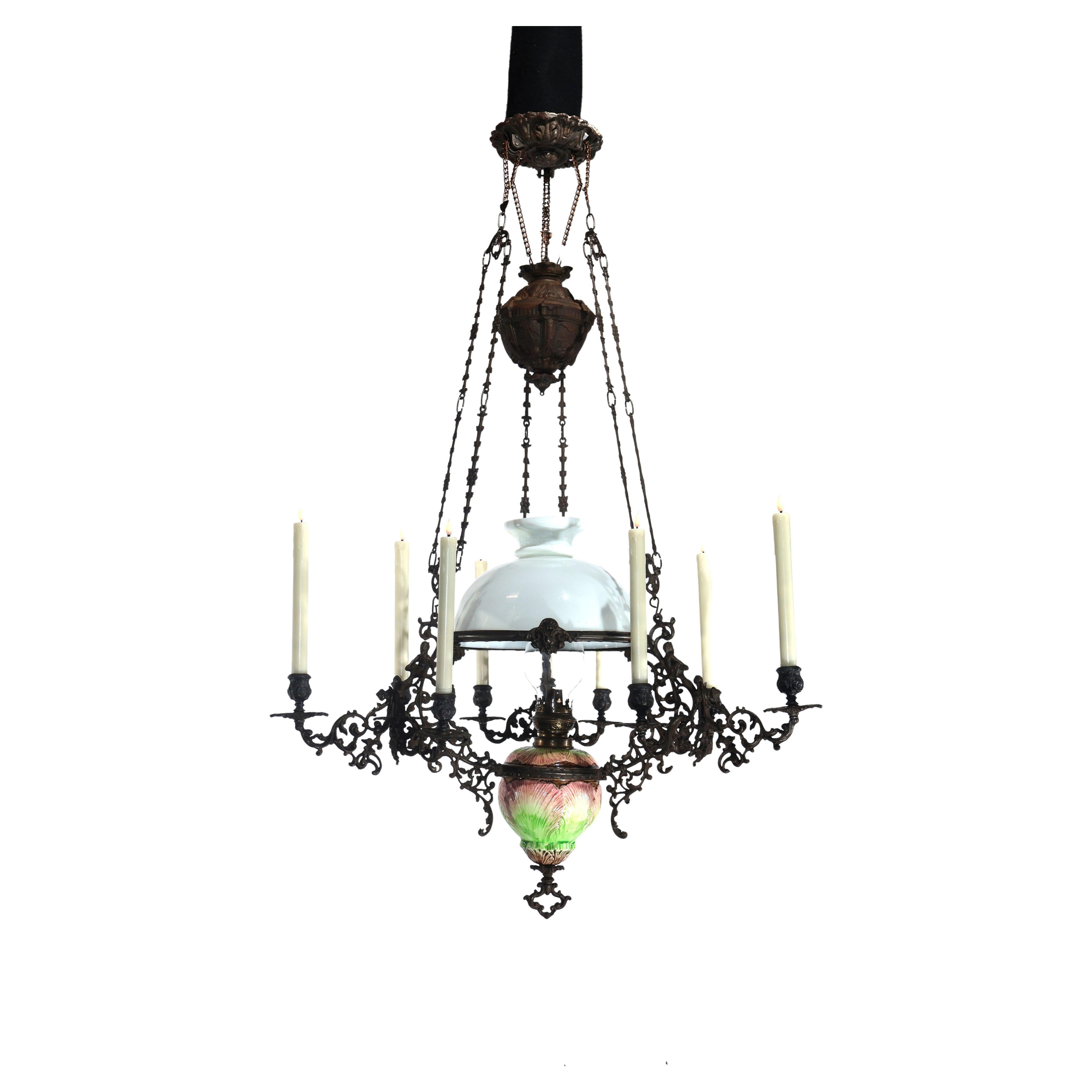 Iron, Majolica & Glass Chandelier for oil and candles For Sale
