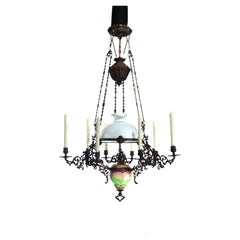 Iron, Majolica & Glass Chandelier for oil and candles