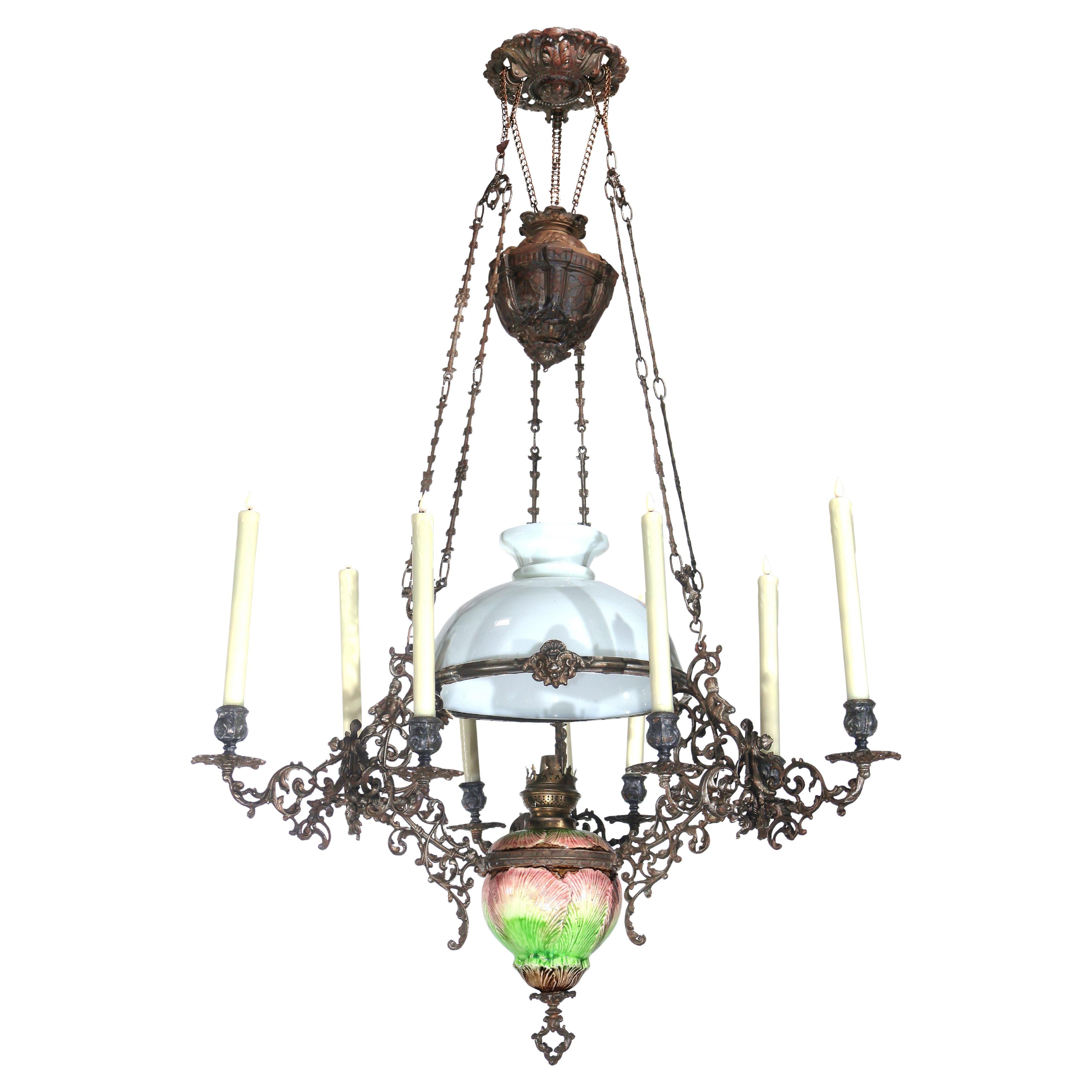 Candelabro de hierro, mayólica y cristal para aceite y velas en venta