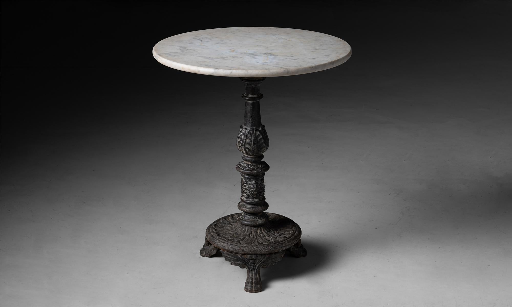 Garden Table

France circa 1870

Circular marble top on intricate cast iron base.

Measures 23.75”dia x 28.75”h
