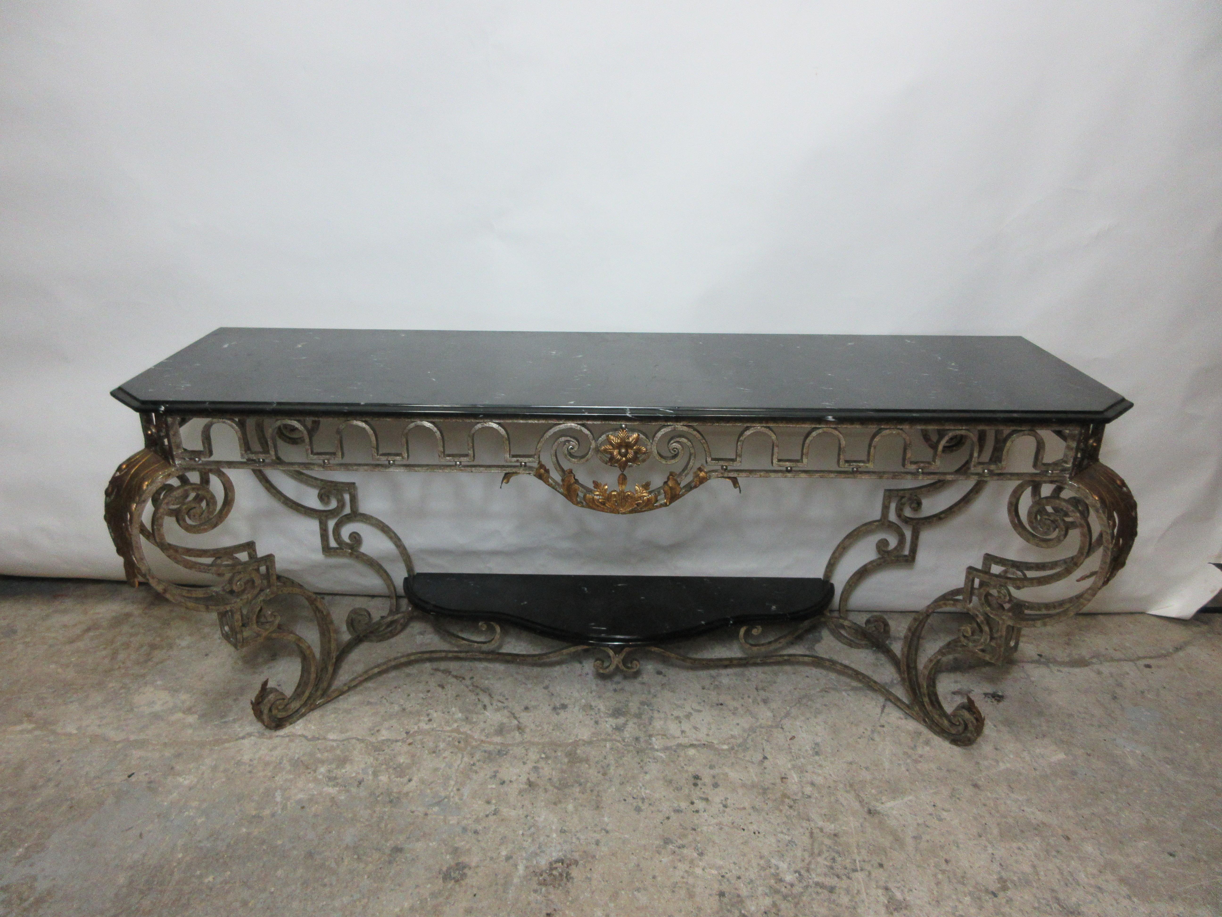 Baroque Iron and Marble-Top Console Table