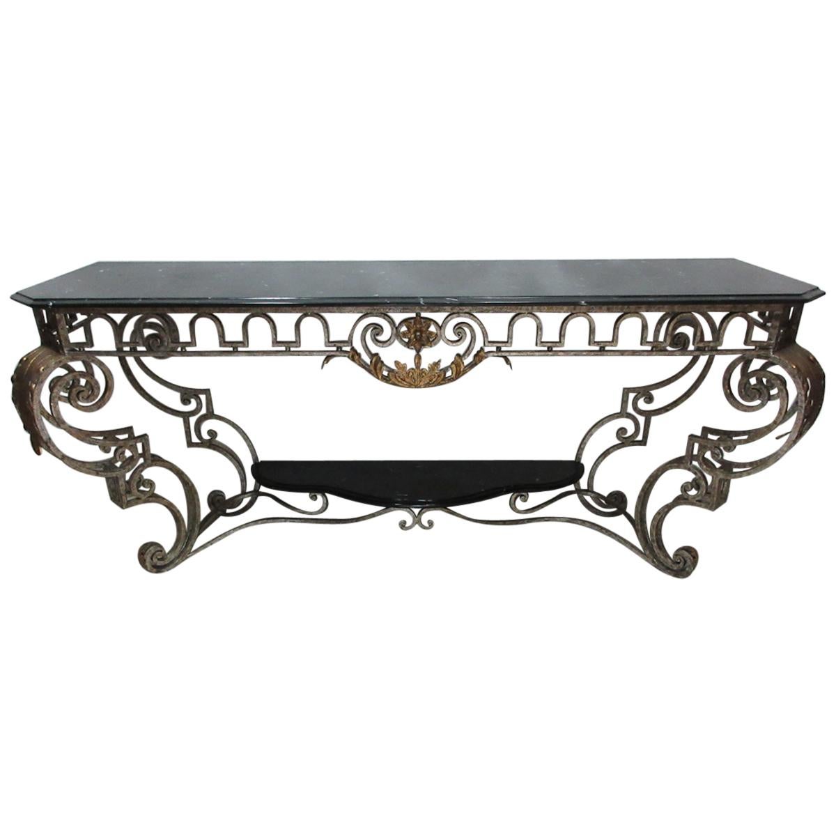 Iron and Marble-Top Console Table