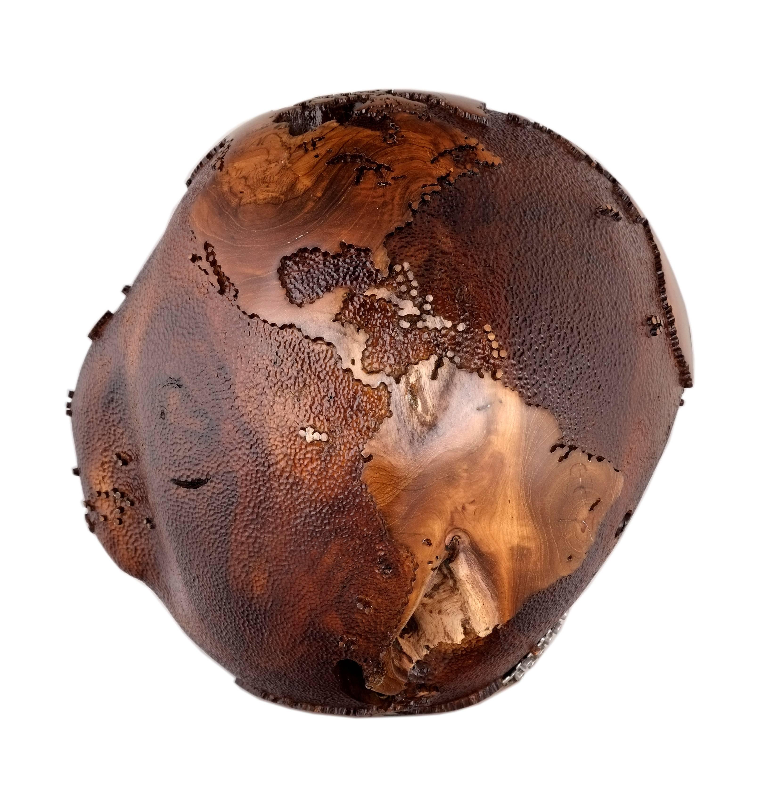 Don't let average describe your life, be extraordinary.

Extraordinary wooden globe made of teak root and 91 pieces of stainless steel bolts on a stainless steel plate layered between Africa and Antarctica continents following the teak root's