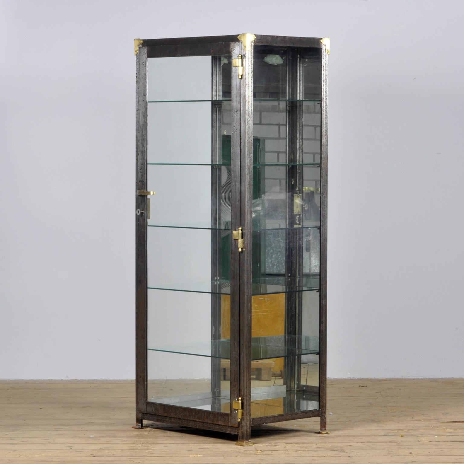 Industrial Iron Medical Display Cabinet with Brass Details, 1920s