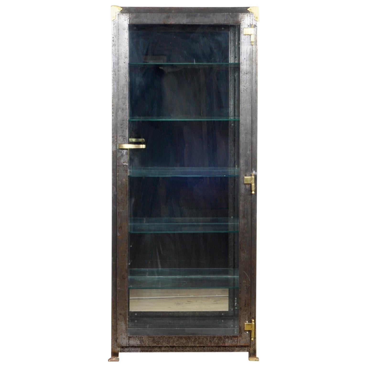 Iron Medical Display Cabinet with Brass Details, 1920s
