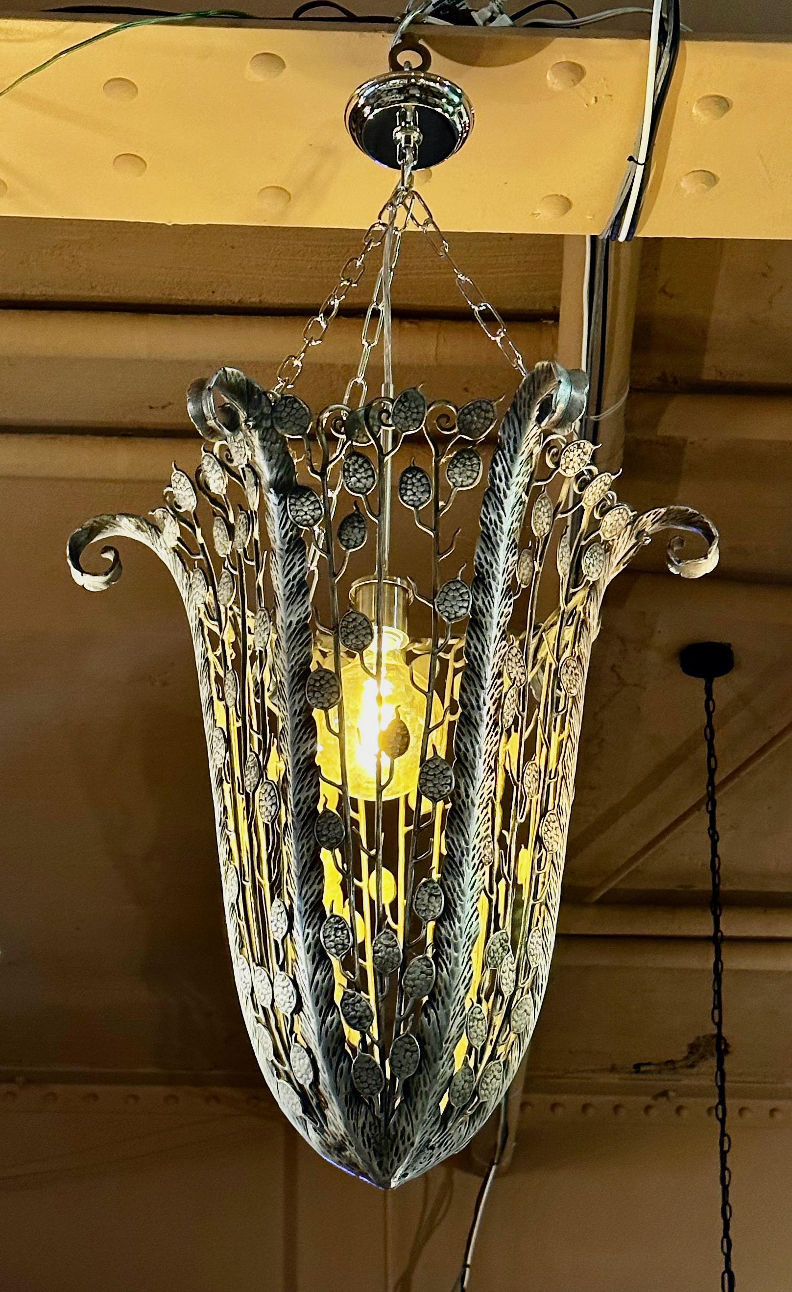 Iron Nickel Art Deco Hanging Light Fixture Floral French In Good Condition For Sale In Oakland, CA