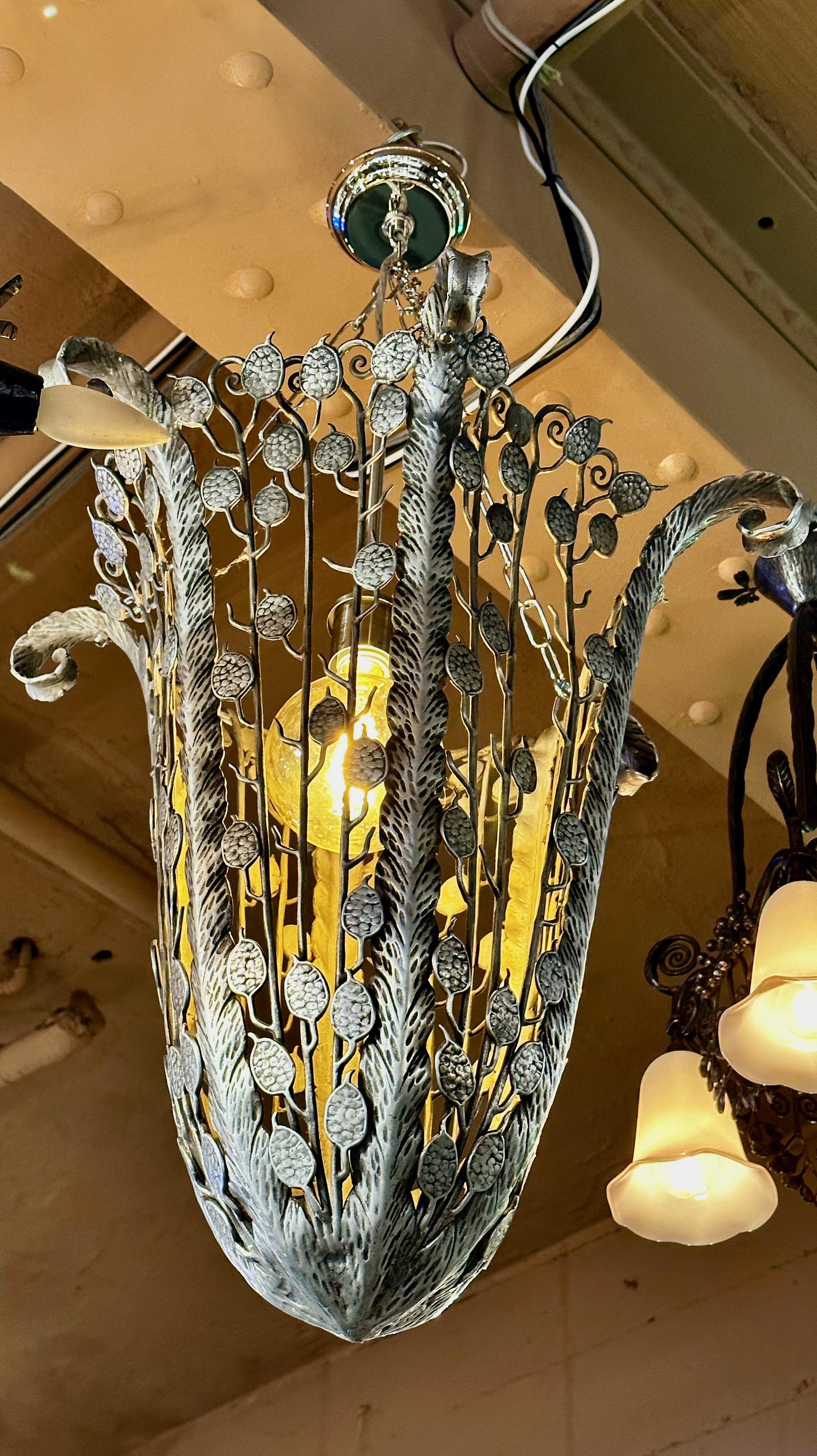 Iron Nickel Art Deco Hanging Light Fixture Floral French For Sale 1