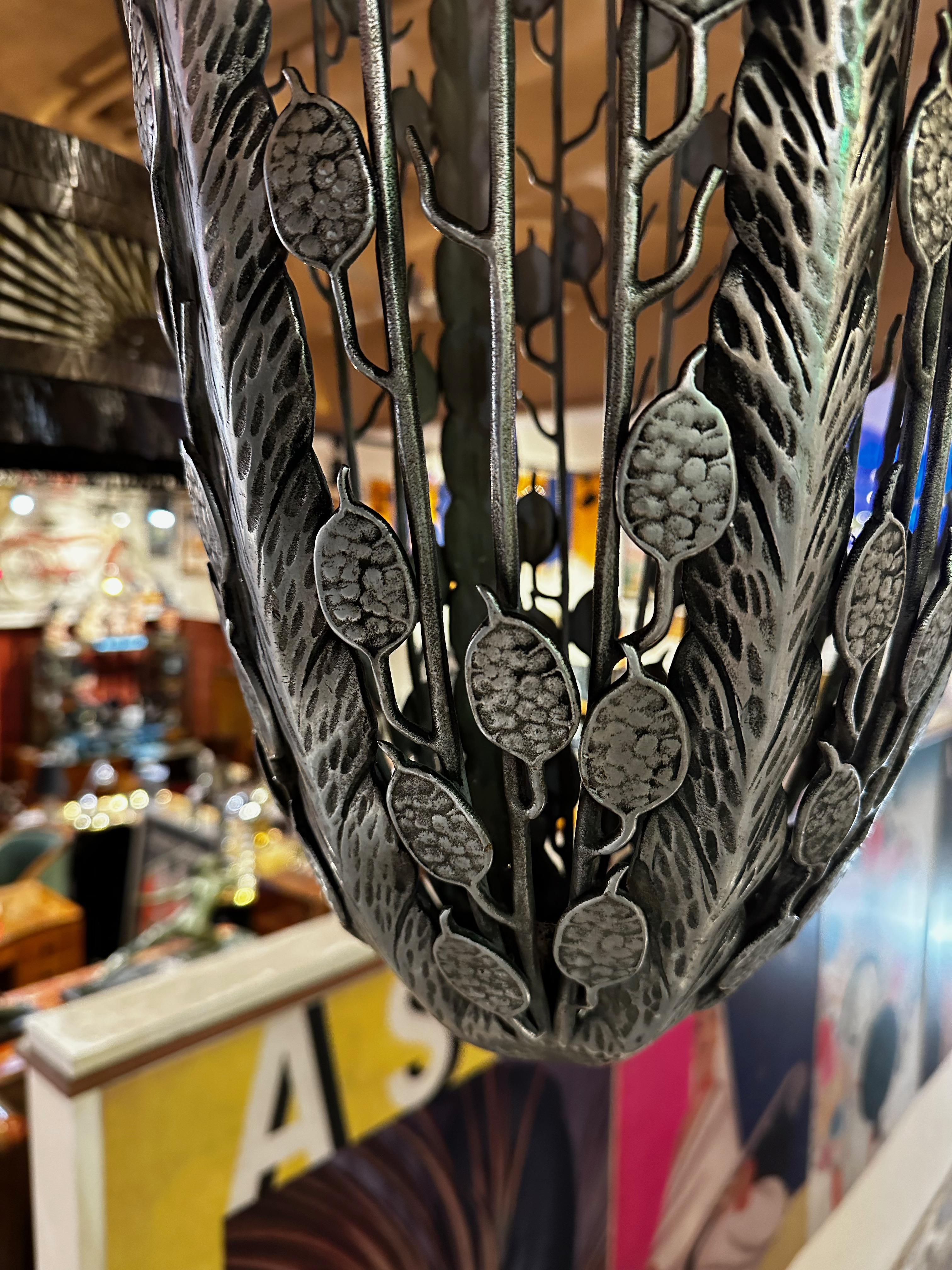 Iron Nickel Art Deco Hanging Light Fixture Floral French For Sale 5