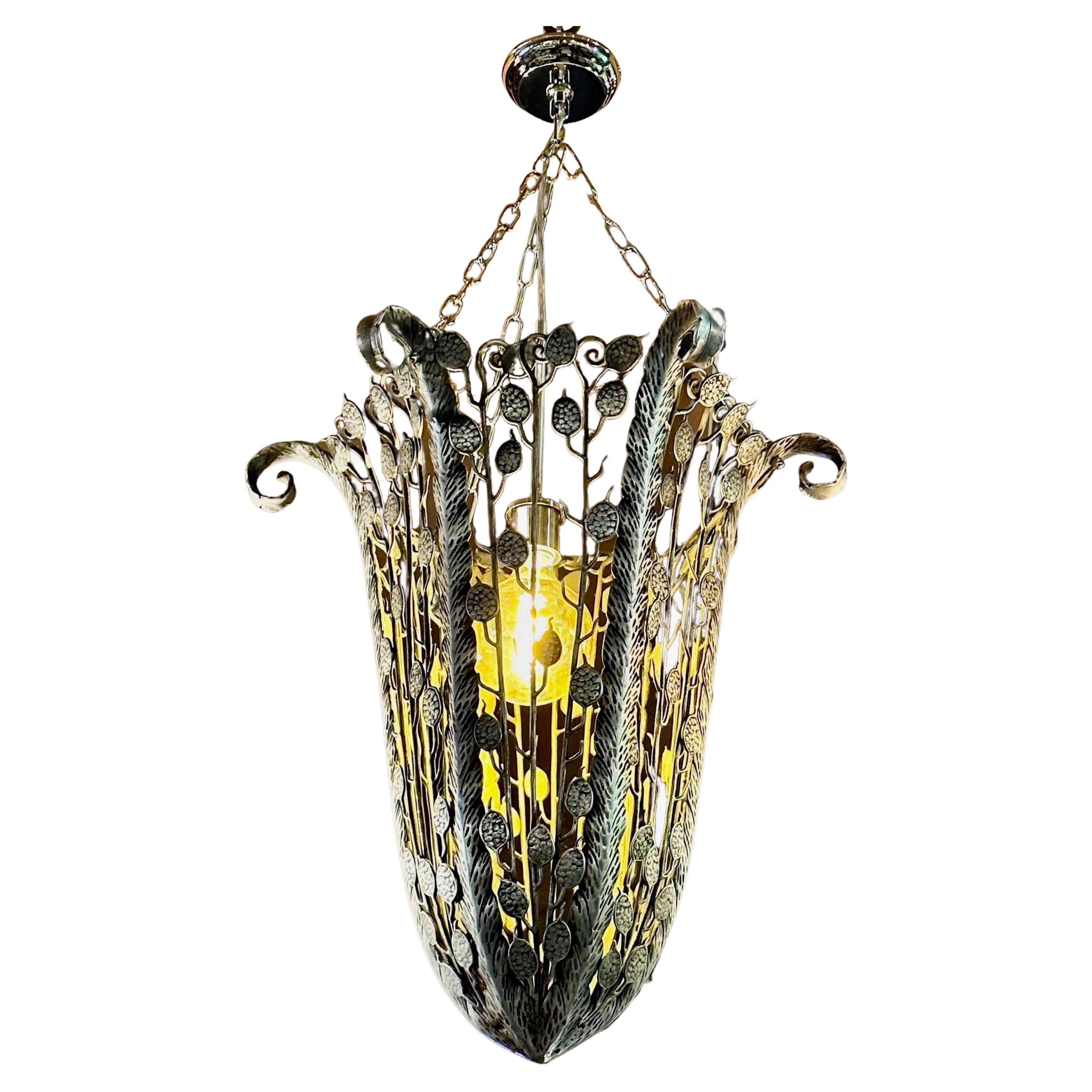 Iron Nickel Art Deco Hanging Light Fixture Floral French For Sale