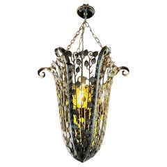 Used Iron Nickel Art Deco Hanging Light Fixture Floral French