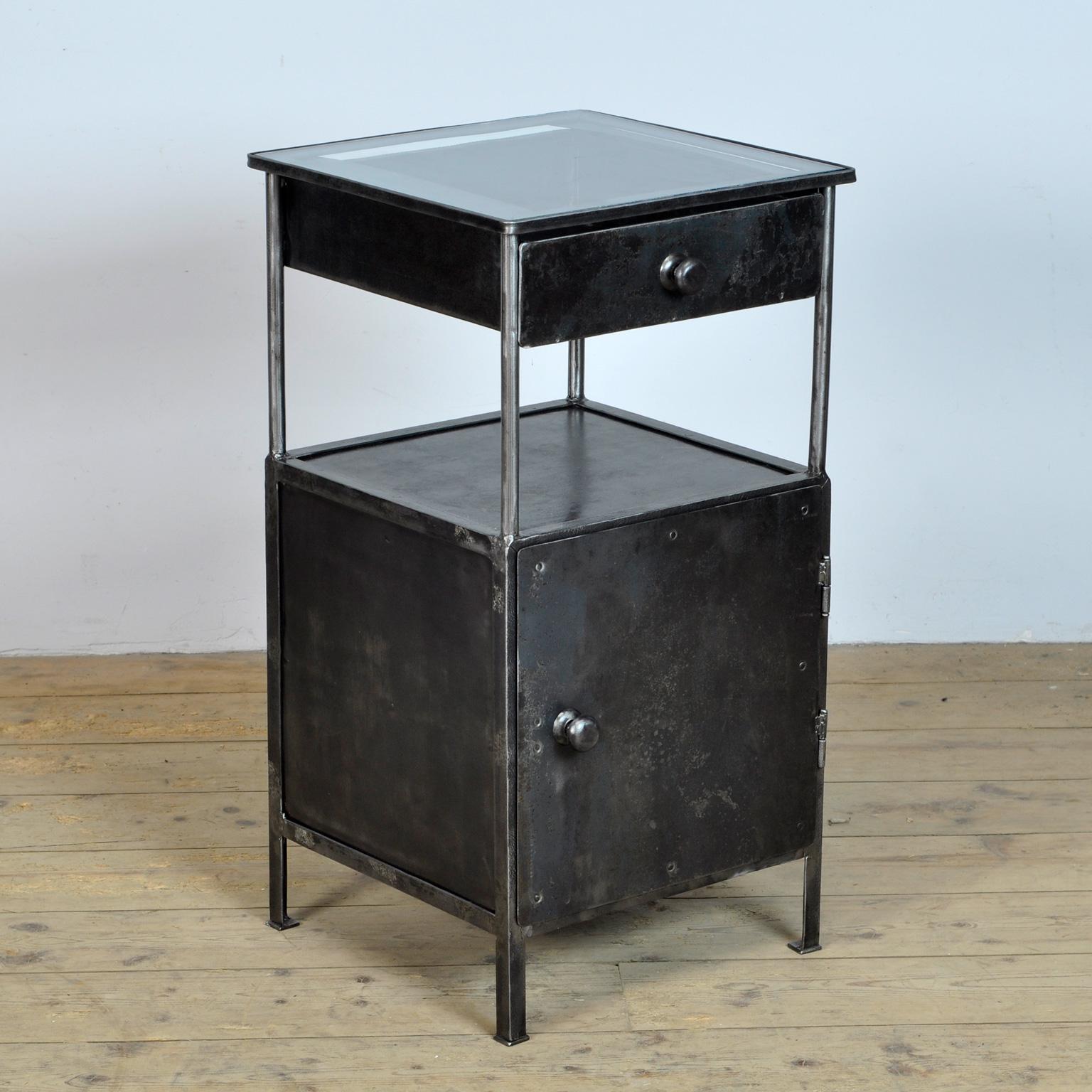 Industrial Iron Nightstand With Glass Top, 1910's