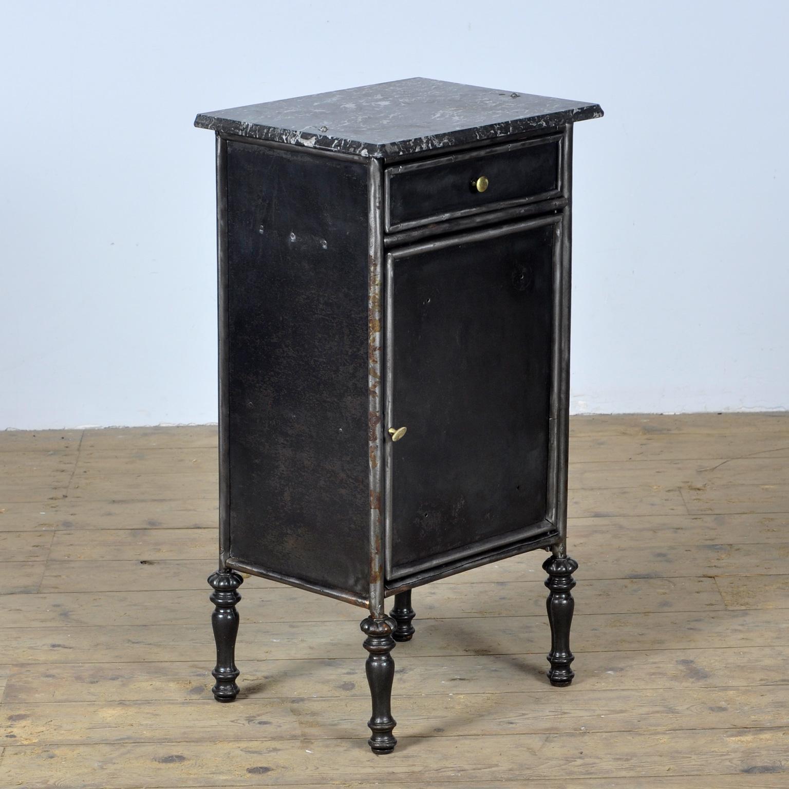 Industrial Iron Nightstand with Marble Top and Brass Details, circa 1900