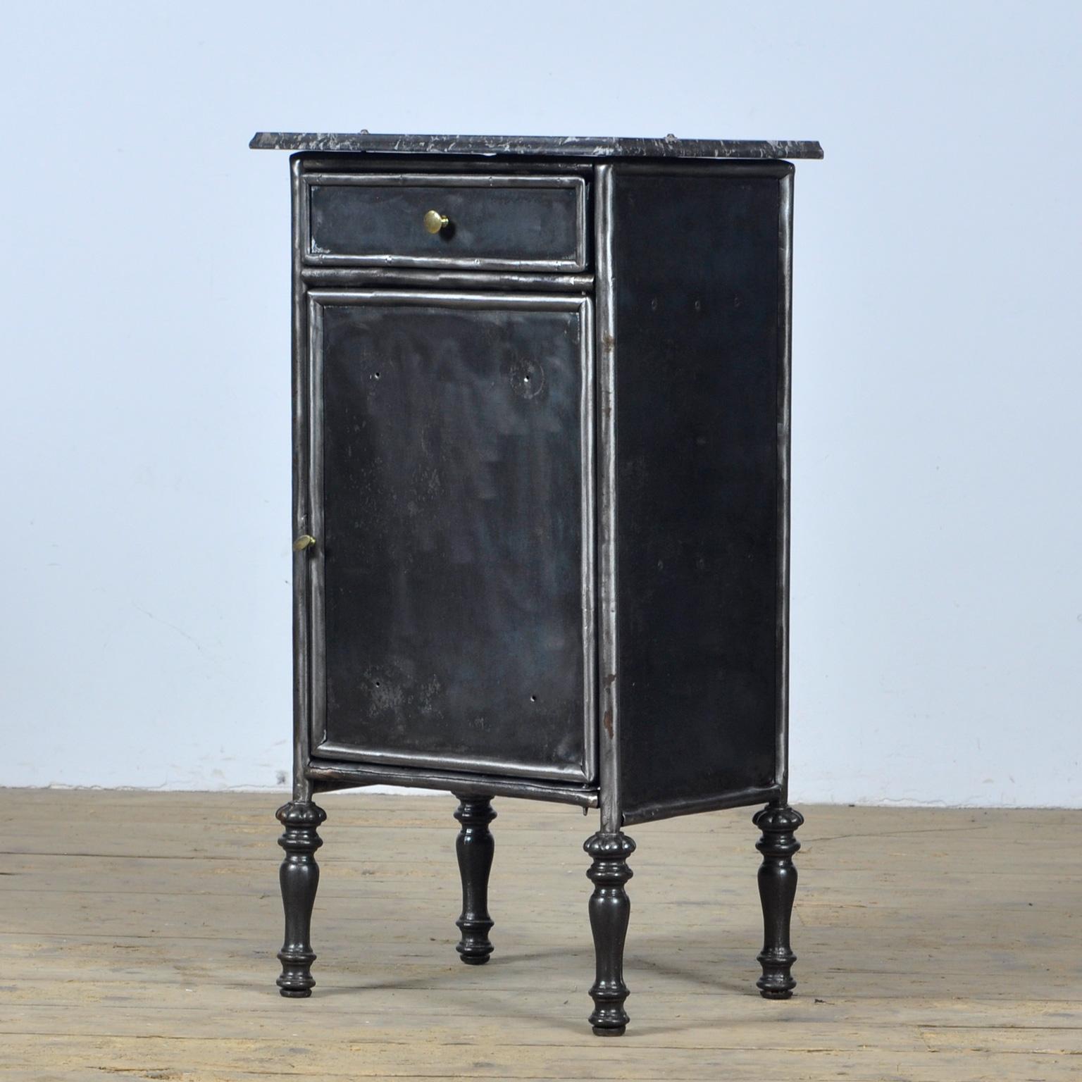 German Iron Nightstand with Marble Top and Brass Details, circa 1900