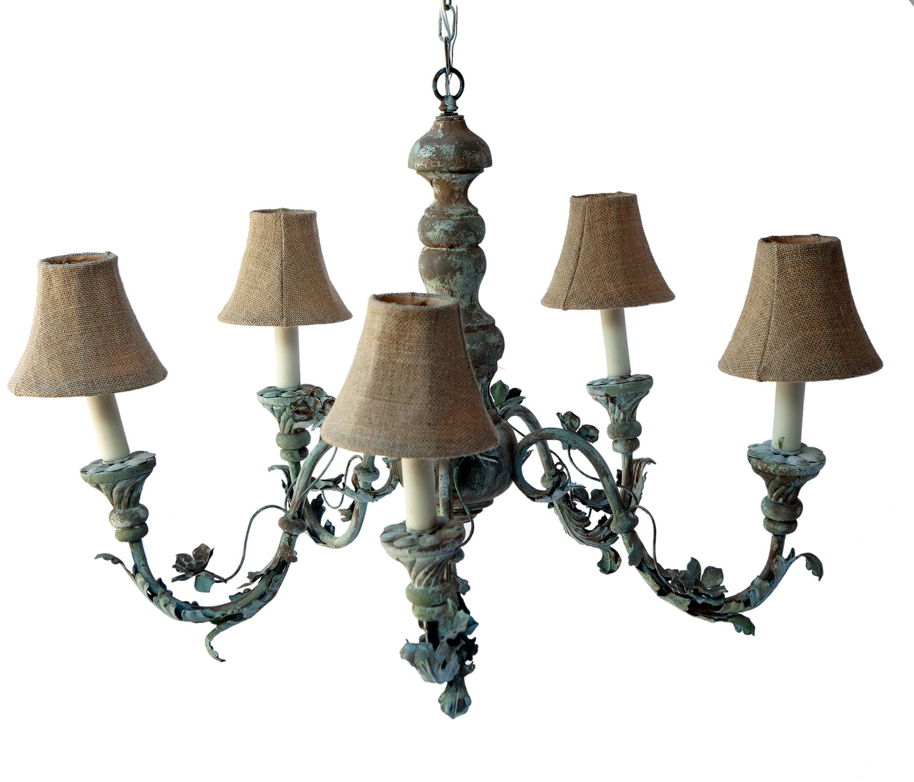 Rustic Iron Oak Leaf Metal & Wood Five Arm Chandelier with Burlap Shades For Sale