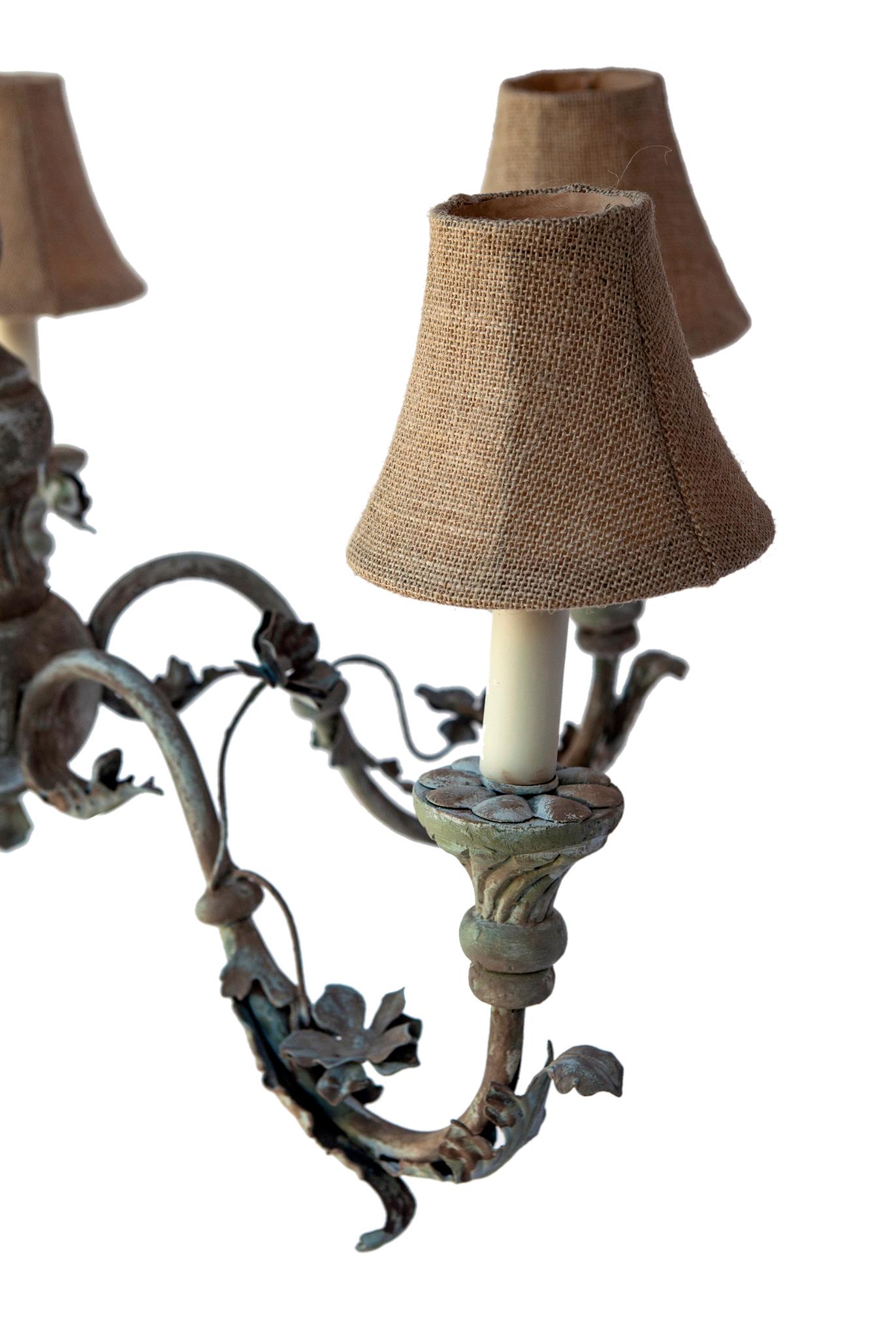 Carved Iron Oak Leaf Metal & Wood Five Arm Chandelier with Burlap Shades For Sale