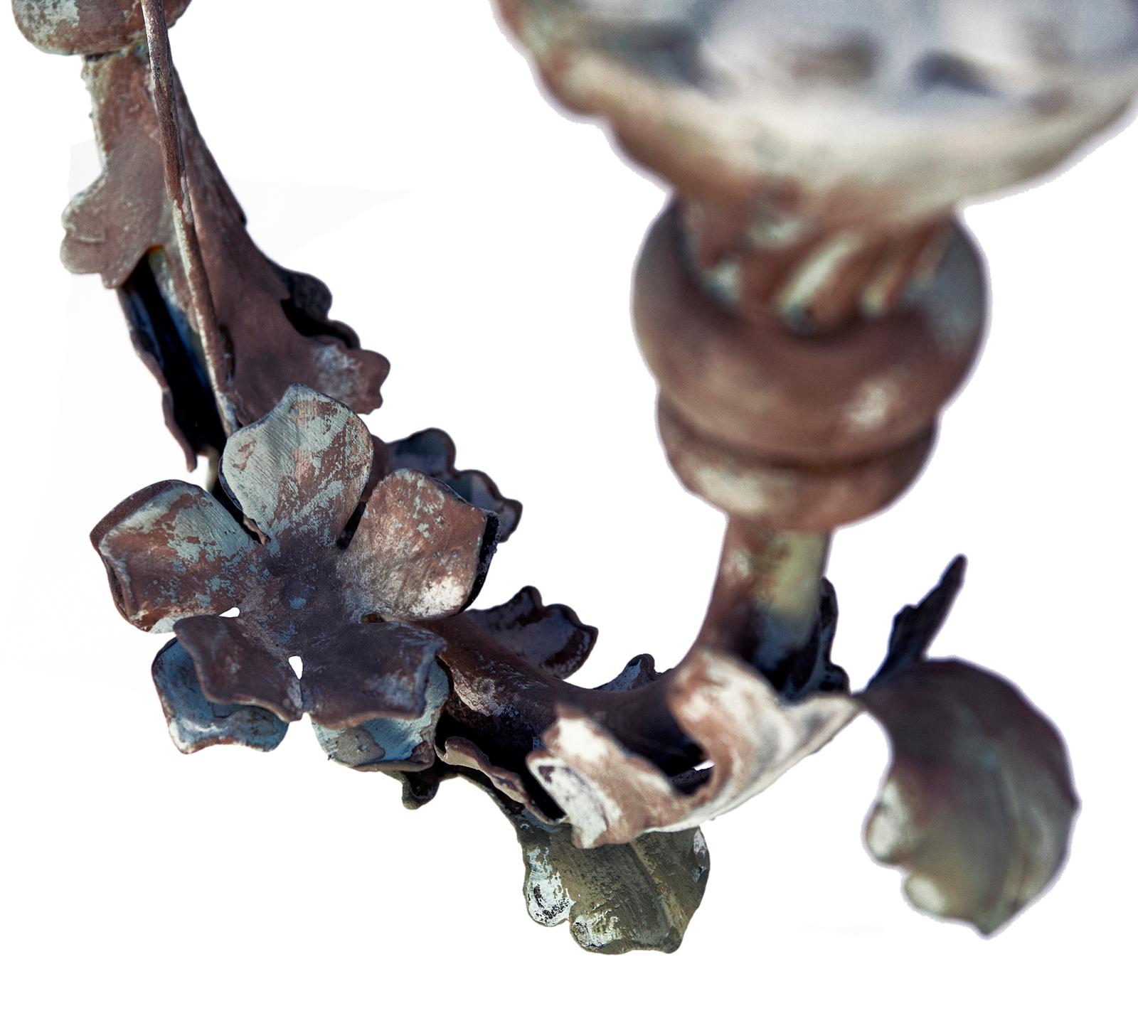 Iron Oak Leaf Metal & Wood Five Arm Chandelier with Burlap Shades For Sale 1