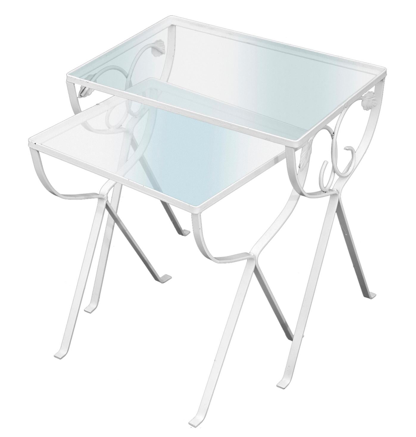 North American Iron Outdoor Nesting Tables Glass Top a pair For Sale