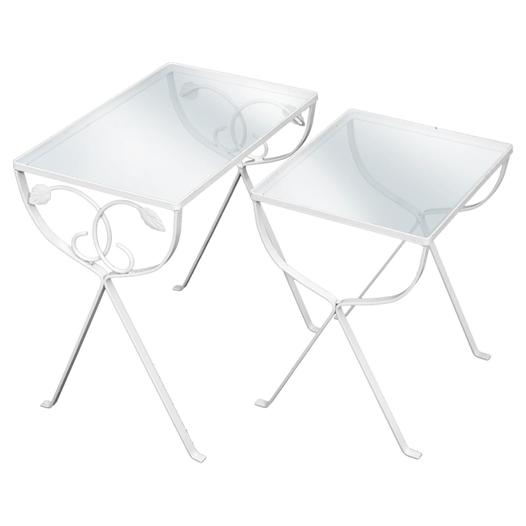 Iron Outdoor Nesting Tables Glass Top a pair For Sale