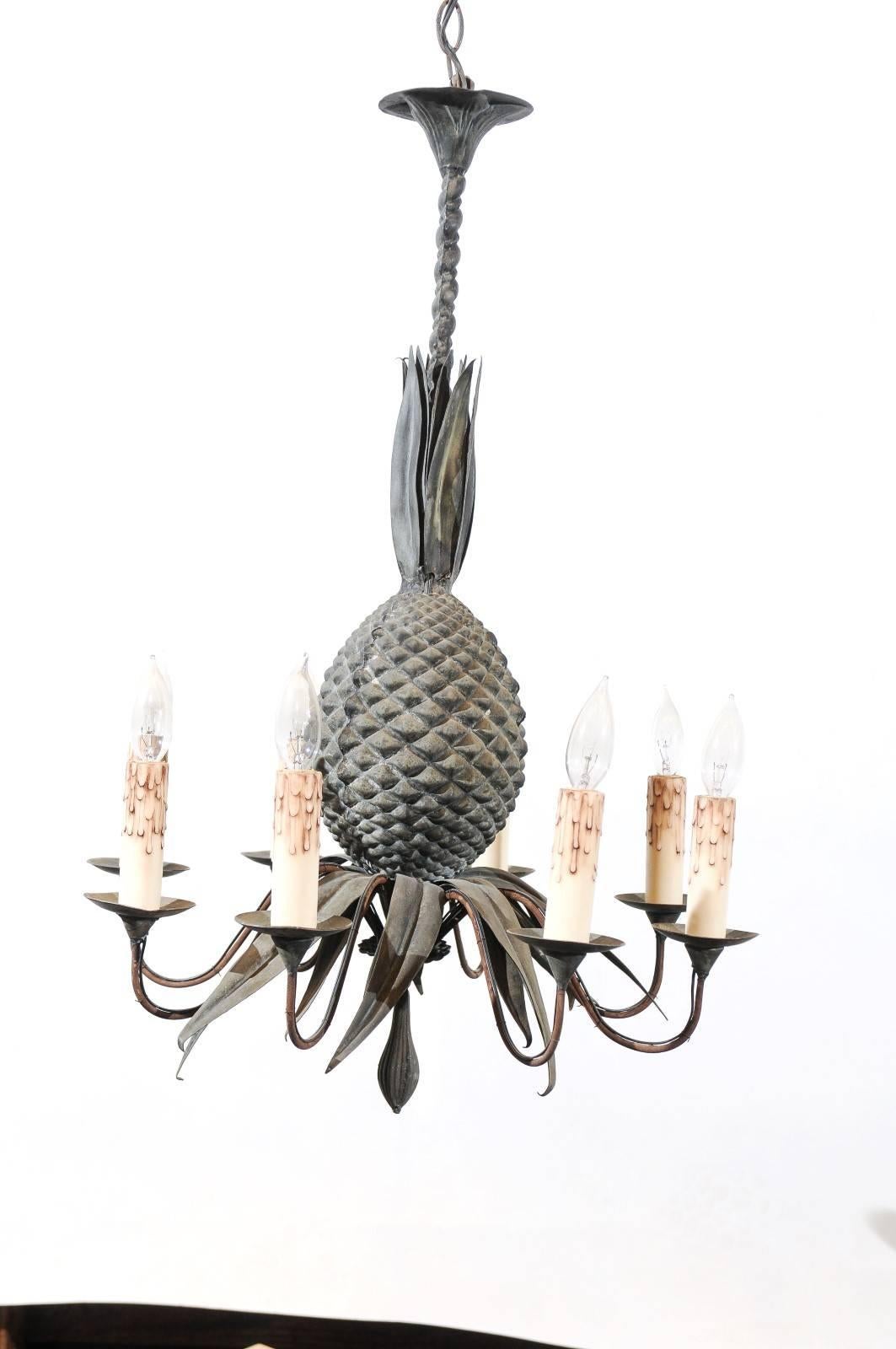 European Iron Pineapple Chandelier with 8 Lights, France ca. 1920