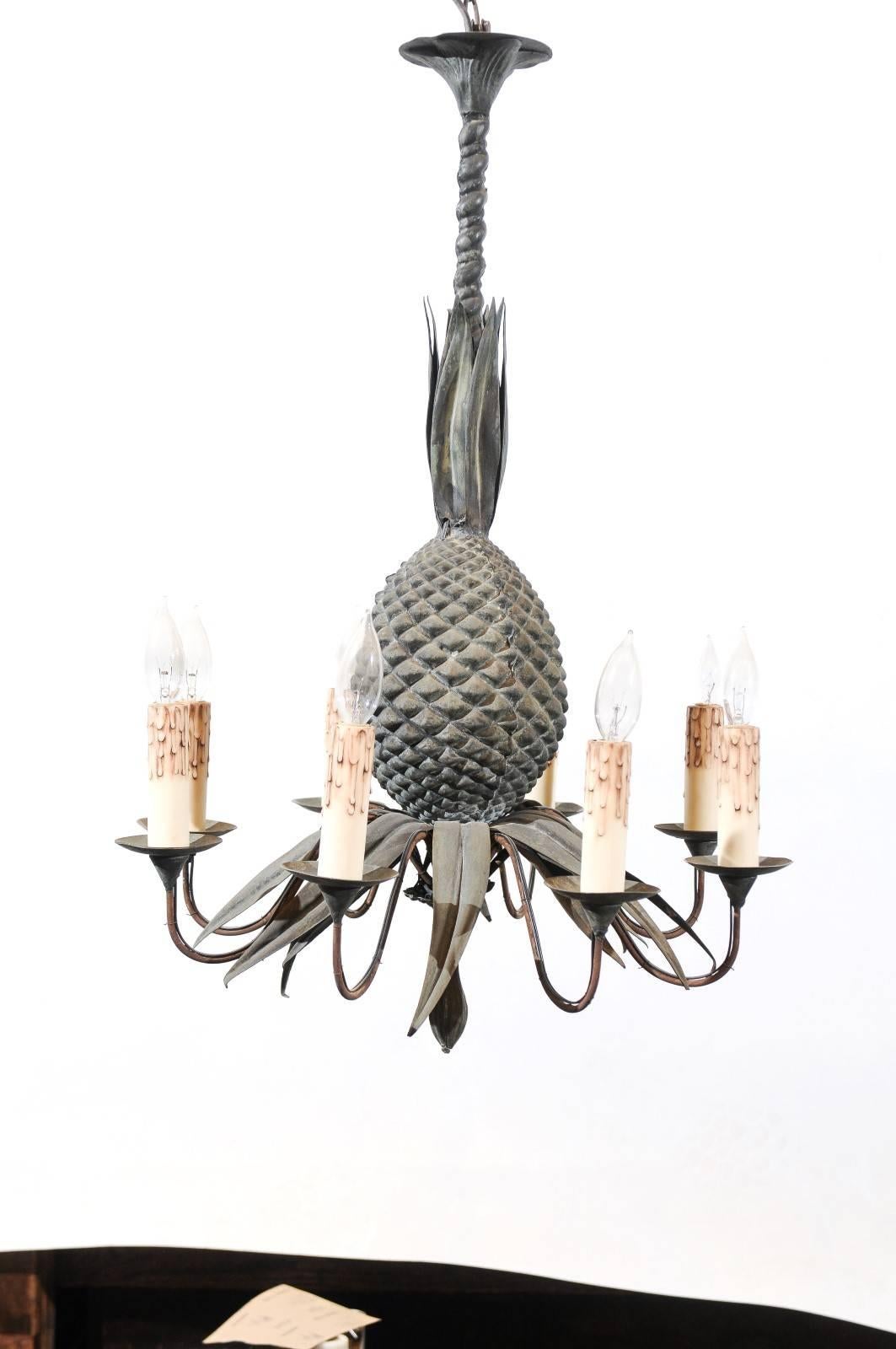 Iron Pineapple Chandelier with 8 Lights, France ca. 1920 In Good Condition In Atlanta, GA