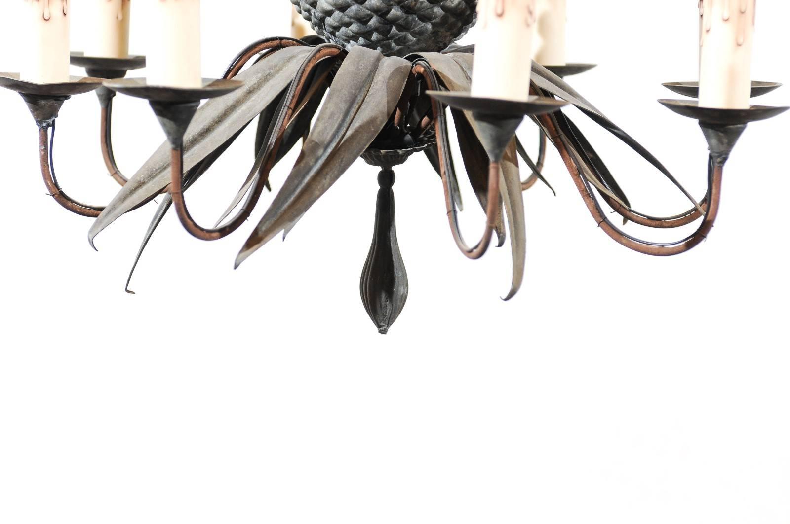 20th Century Iron Pineapple Chandelier with 8 Lights, France ca. 1920