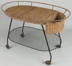 Iron and Rattan Oval 1950s Bar Cart by Salterini