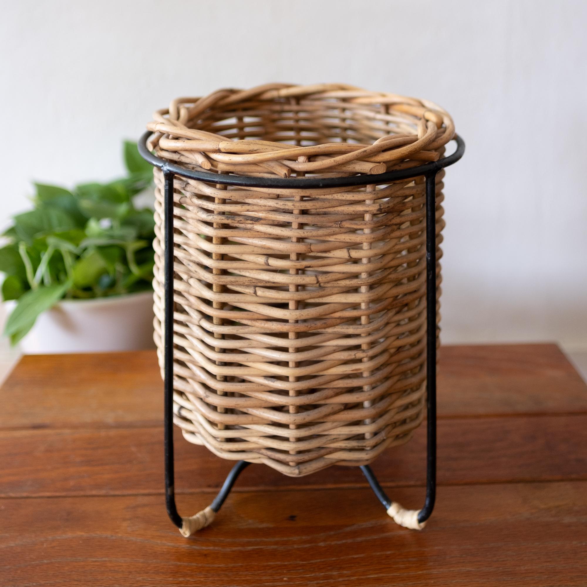 Iron reed and cane wastebasket, trash can or catch-all, 1960s.