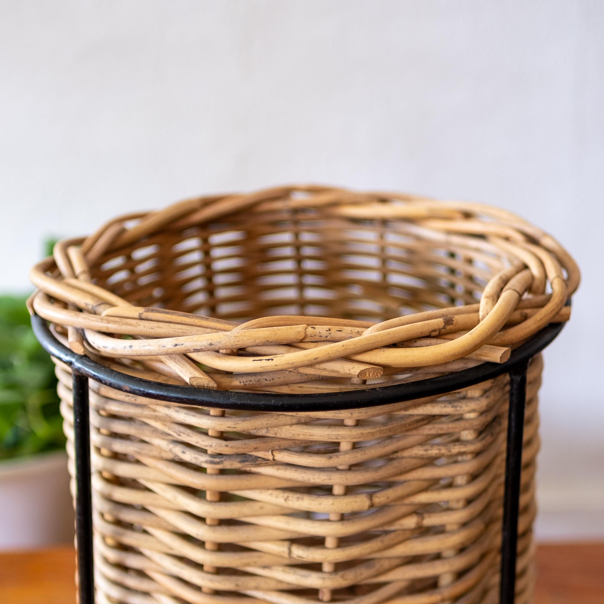Mid-Century Modern Iron Reed and Cane Waste Paper Basket