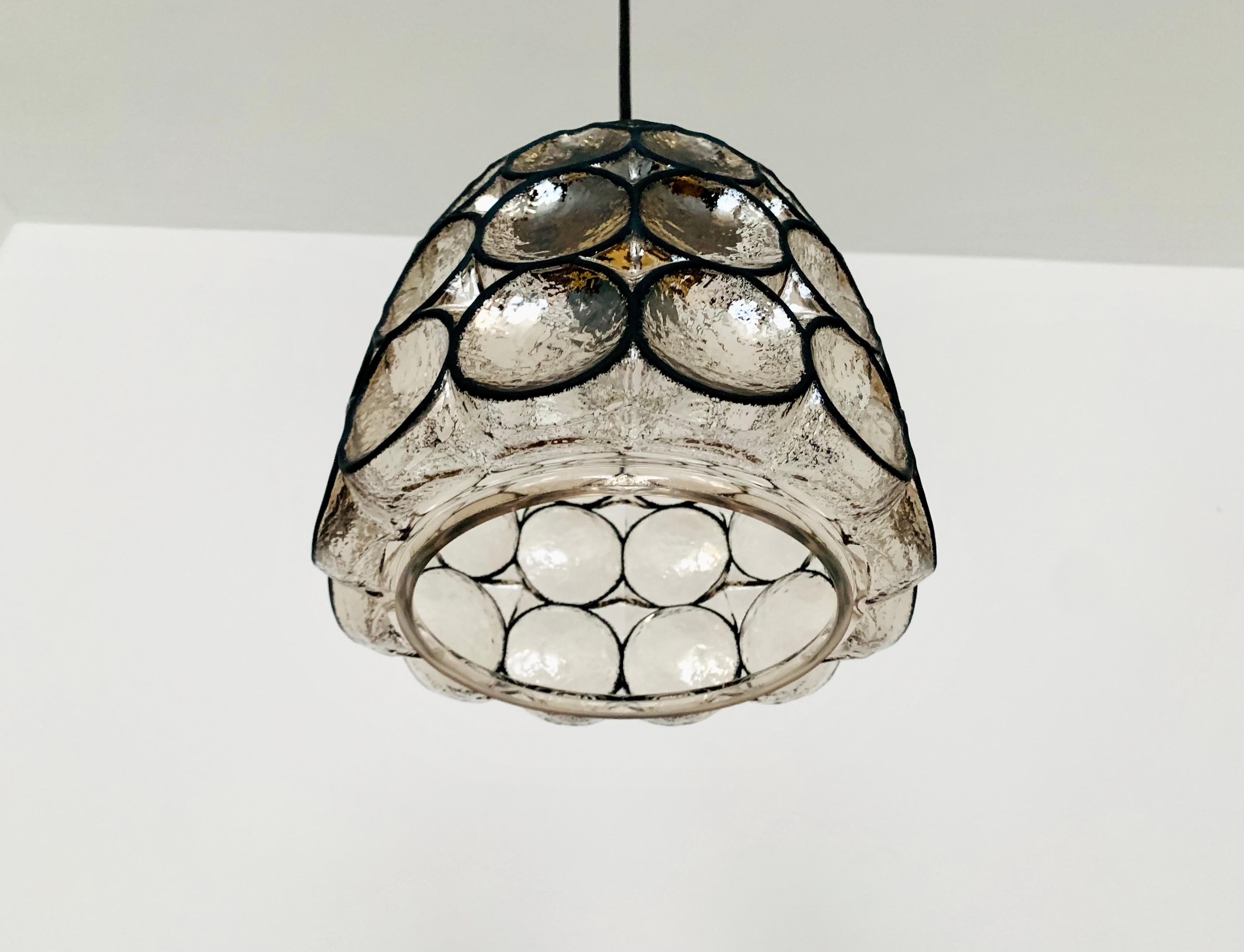 Mid-20th Century Iron Ring Design Glass Pendant Lamp by Glashütte Limburg For Sale