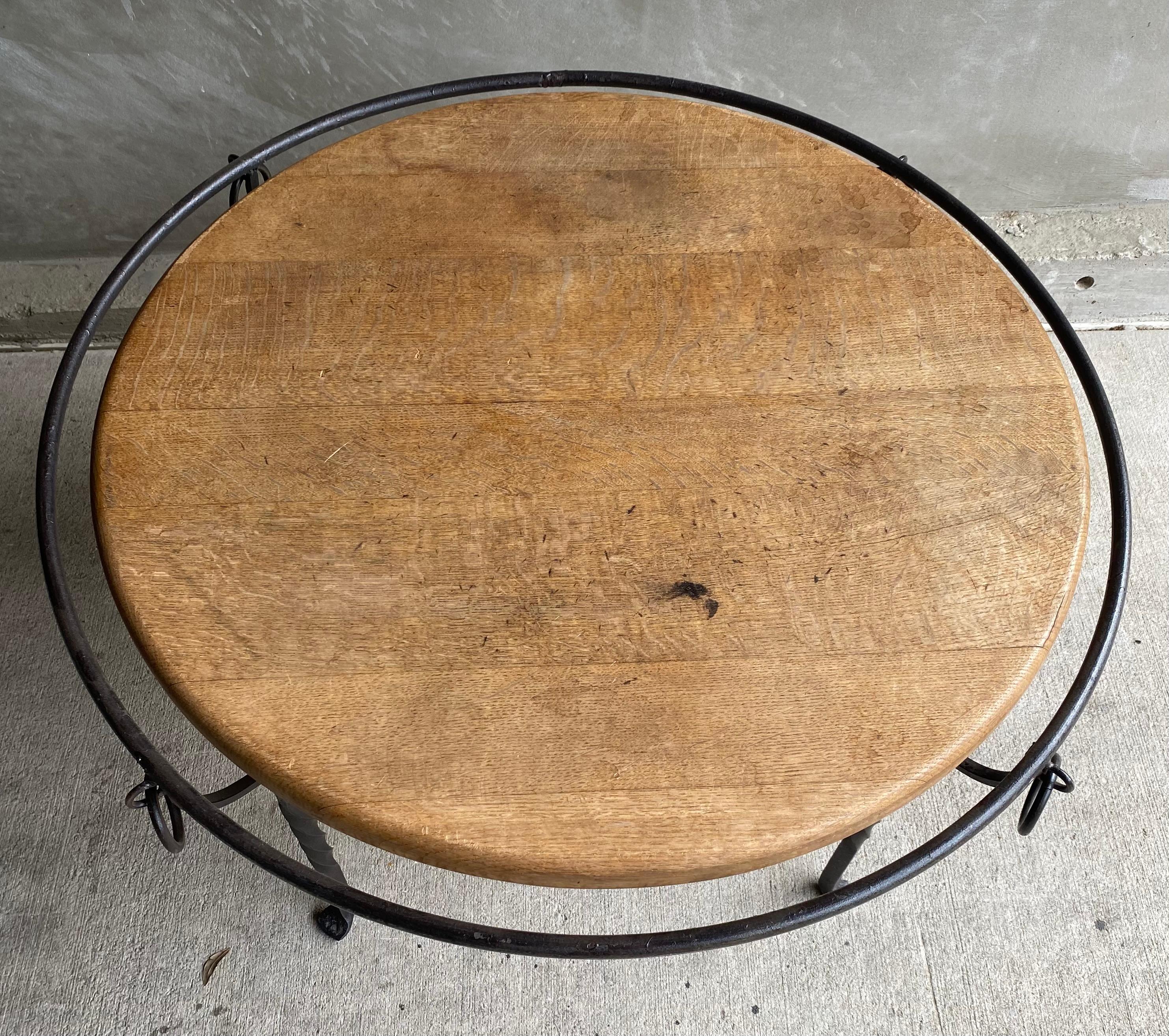 Forged Iron Ring Oak Cocktail Table, France, 1940's