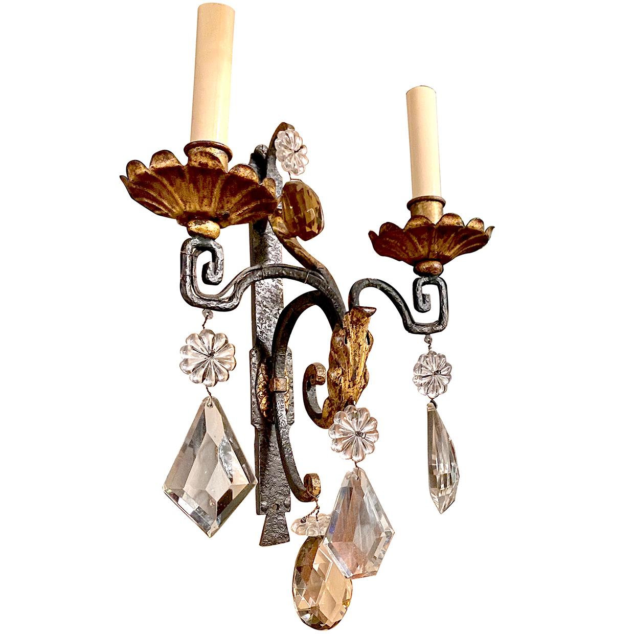 French Iron Sconces with Crystals For Sale