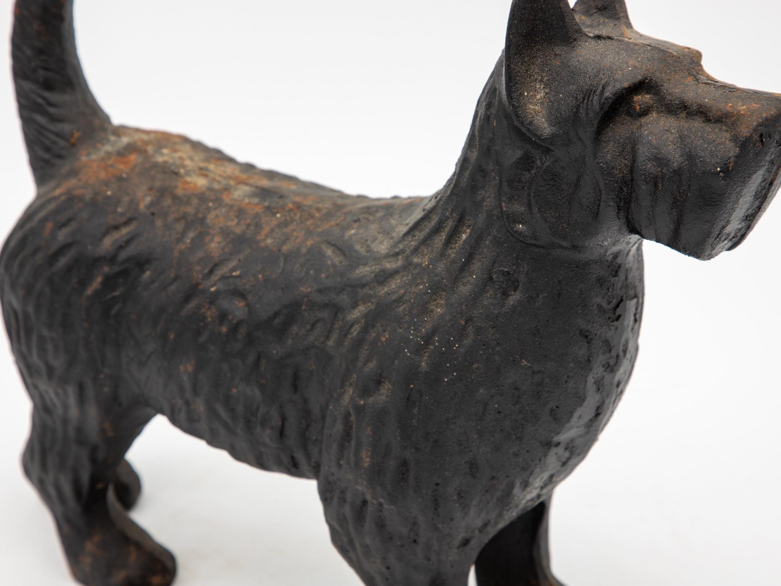 A cast iron door stop in the shape of a Scottie dog. A lovely example of cast iron English door stops, this dog features pointed ears, a detailed face, and a standing tail.