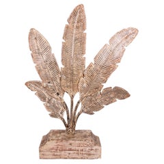 Iron Sculpture of Lotus Flower Leaves on Wooden Base in White Colour