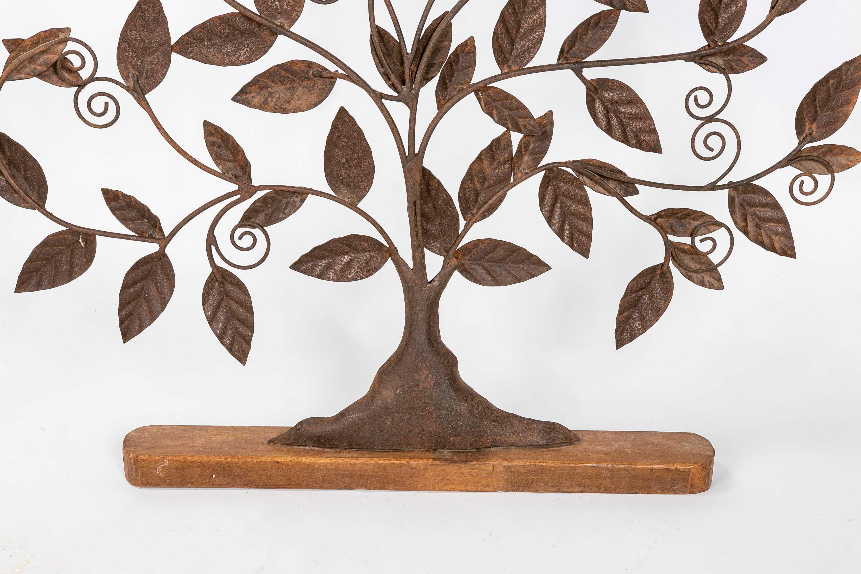 Iron Sculpture of Tree with Leaves on Iron coloured Wooden Base For Sale 6