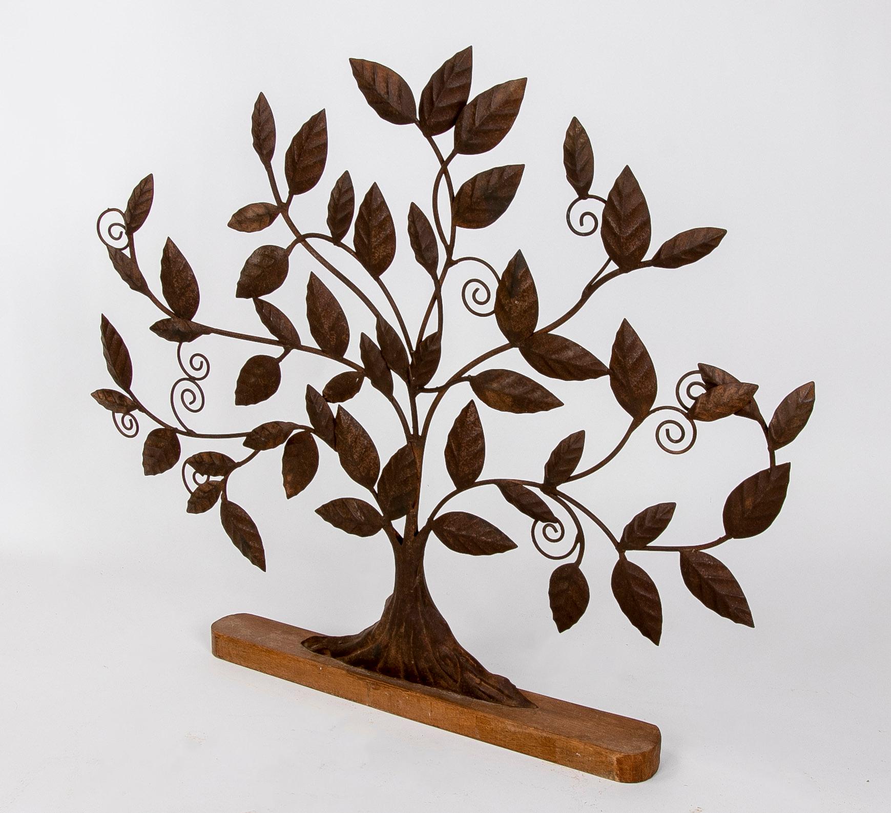 European Iron Sculpture of Tree with Leaves on Iron coloured Wooden Base For Sale