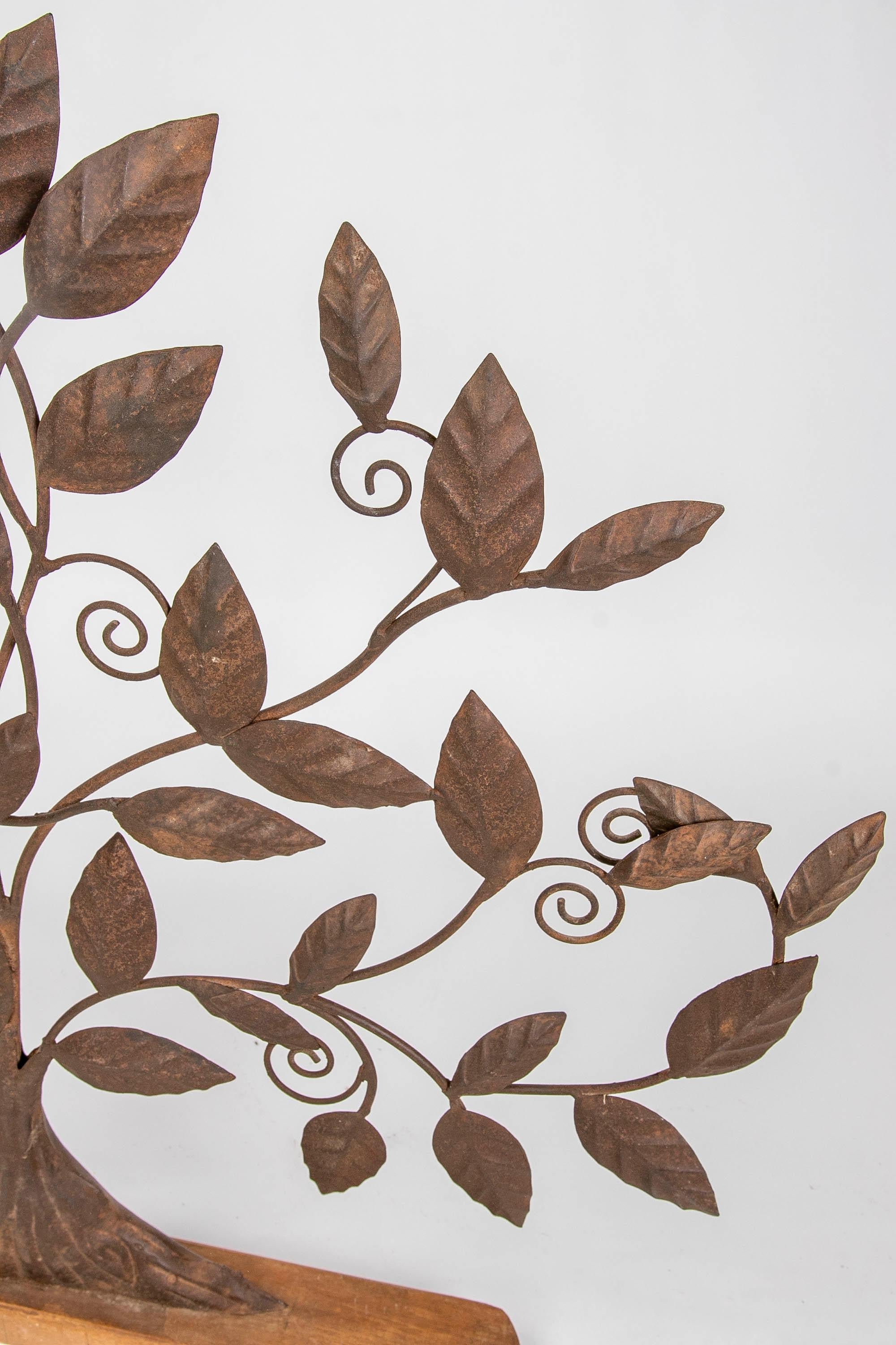 Iron Sculpture of Tree with Leaves on Iron coloured Wooden Base For Sale 2
